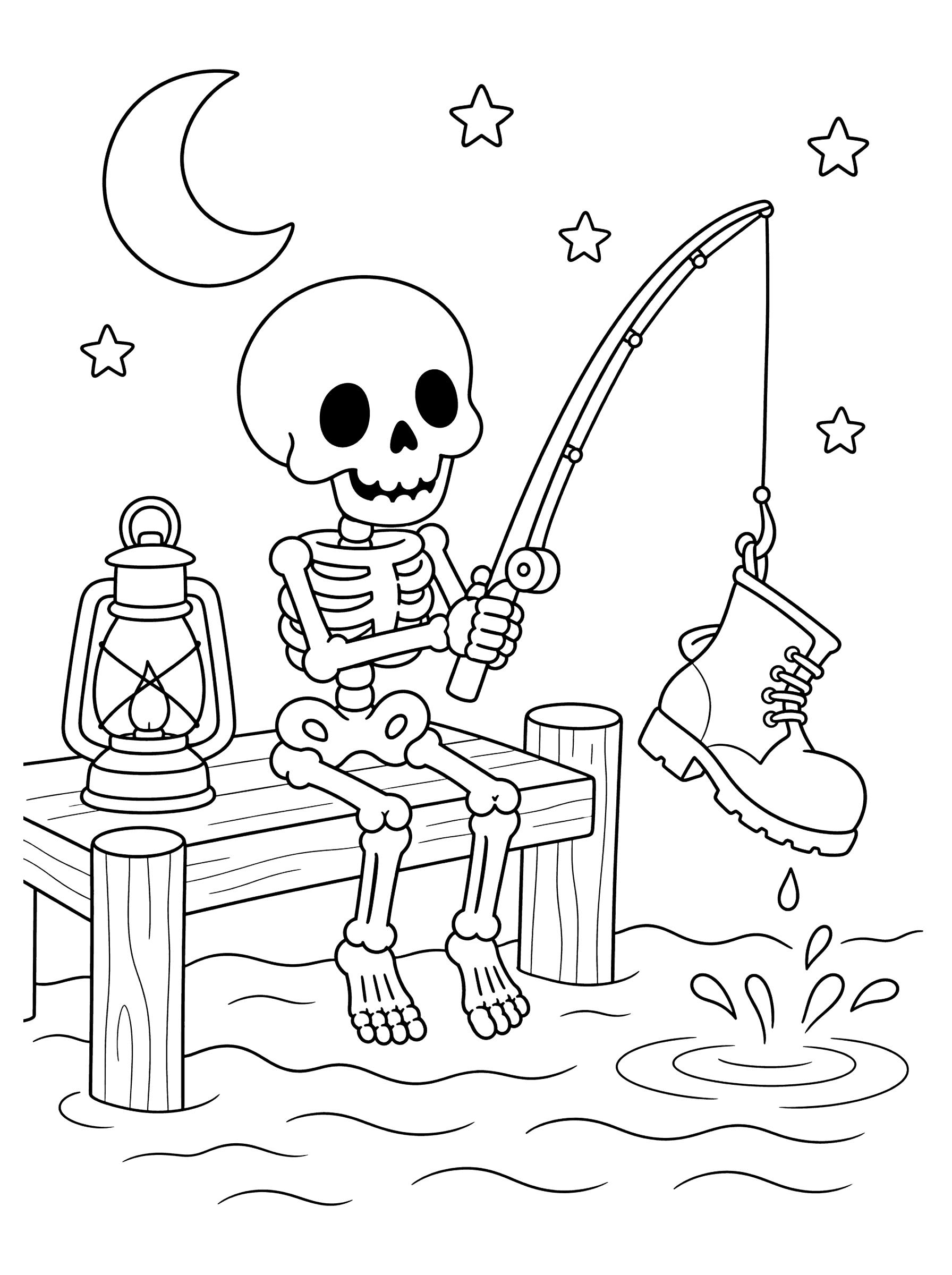 Skeleton Fishing at Night with Lantern Coloring Page