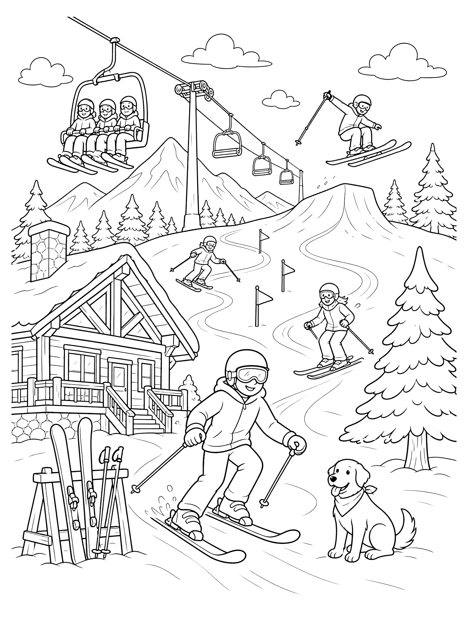 Ski Lodge Slope With Skiers And Chairlift Coloring Page