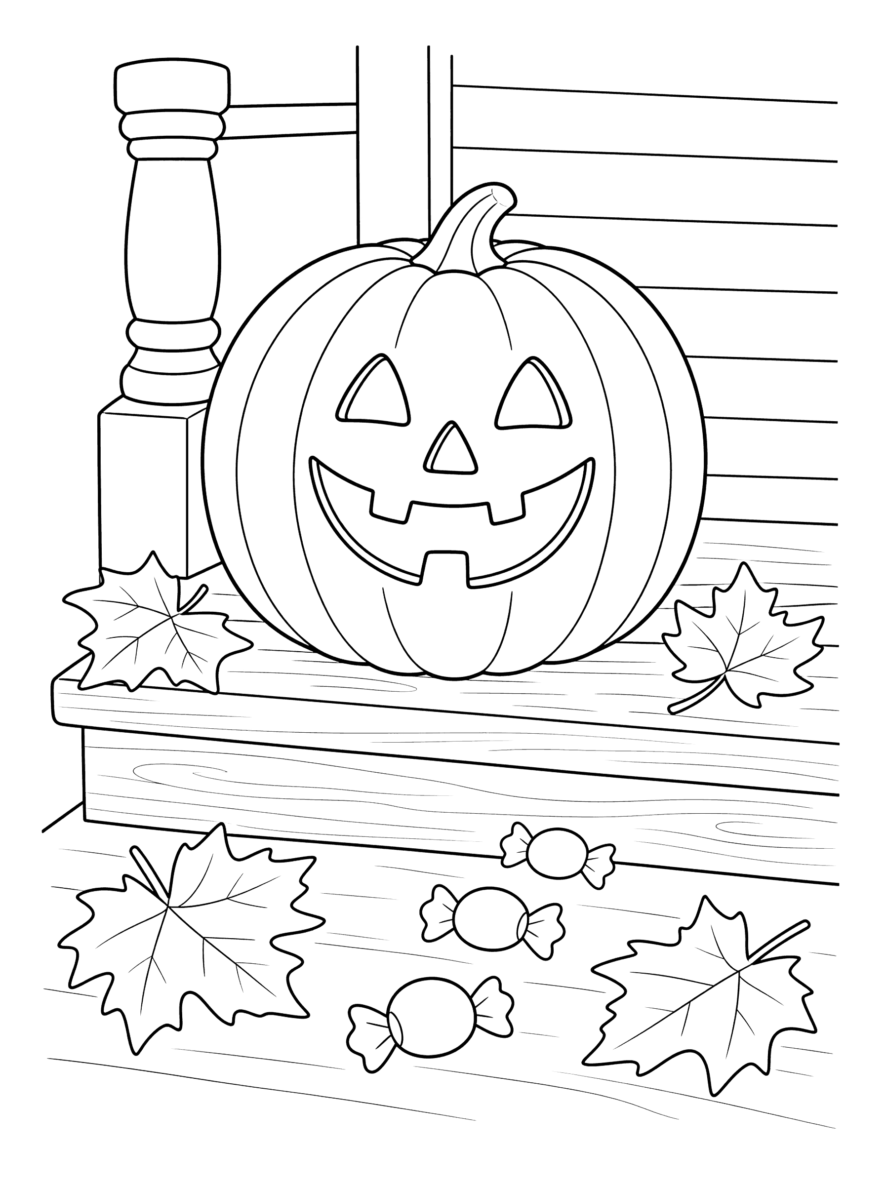 Smiling Jack-o'-Lantern on Porch Step Coloring Page