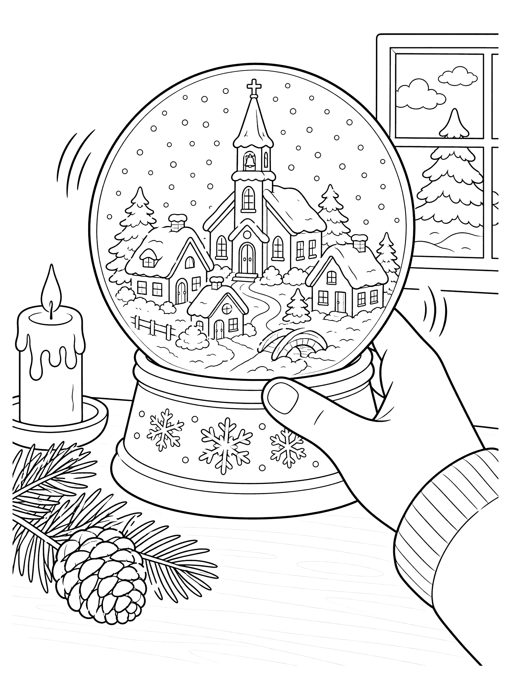 Snow Globe Village Scene Coloring Page