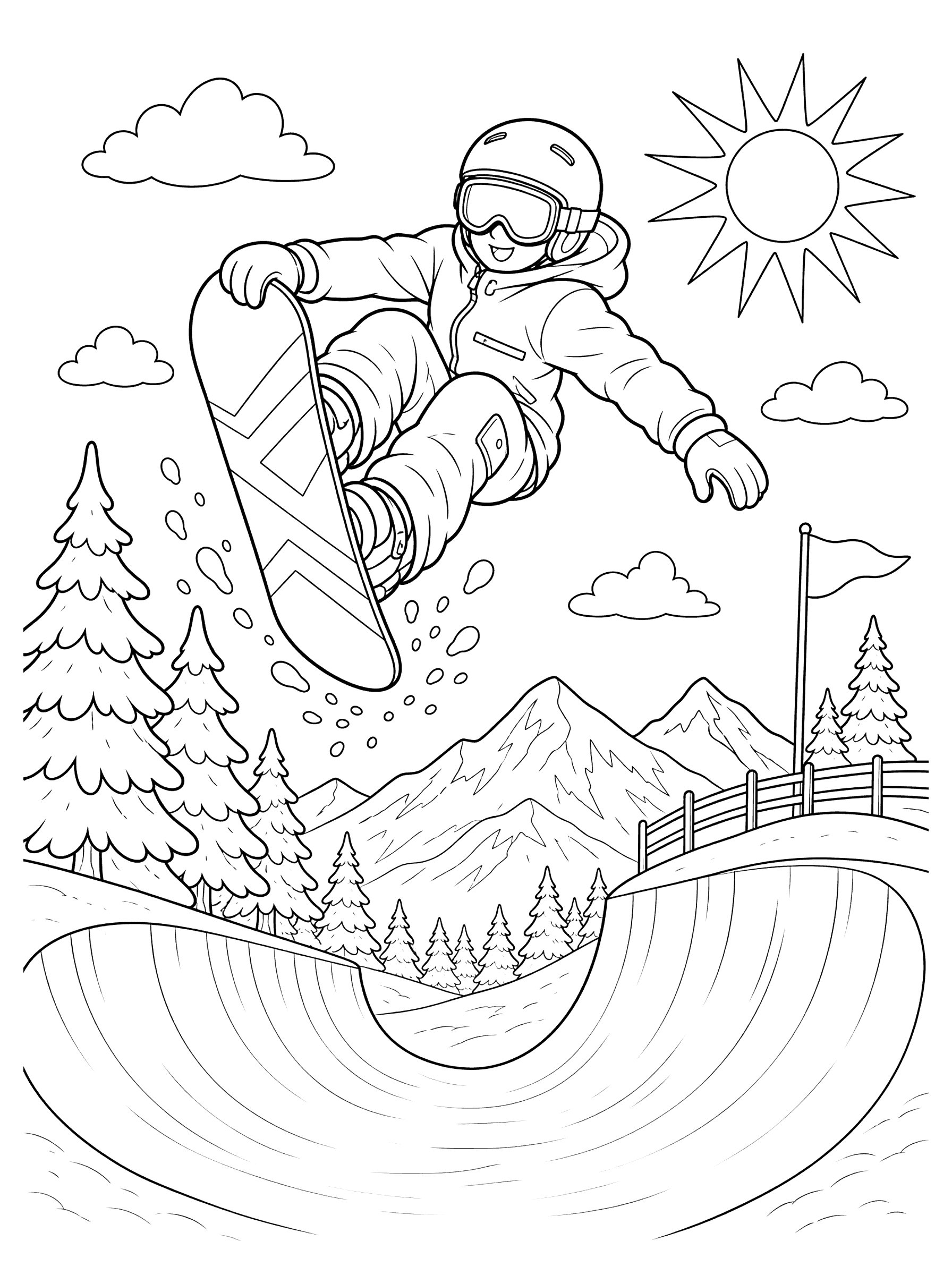 Snowboarder Grabbing Board Above Halfpipe Coloring Page
