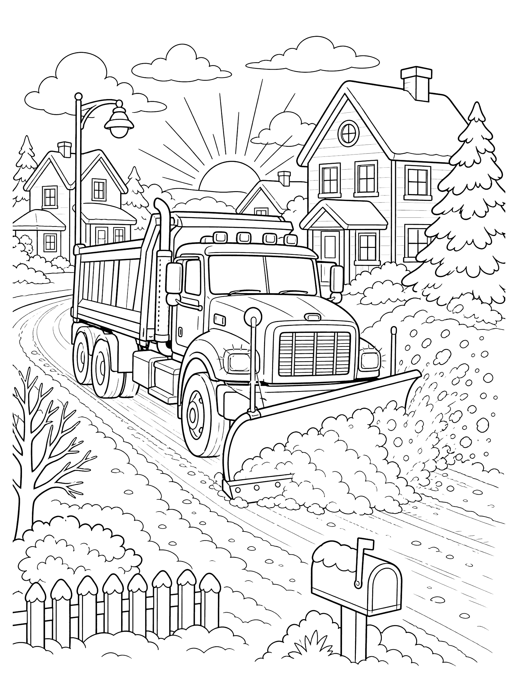 Snowplow Truck Clearing Snowy Road at Dawn Coloring Page