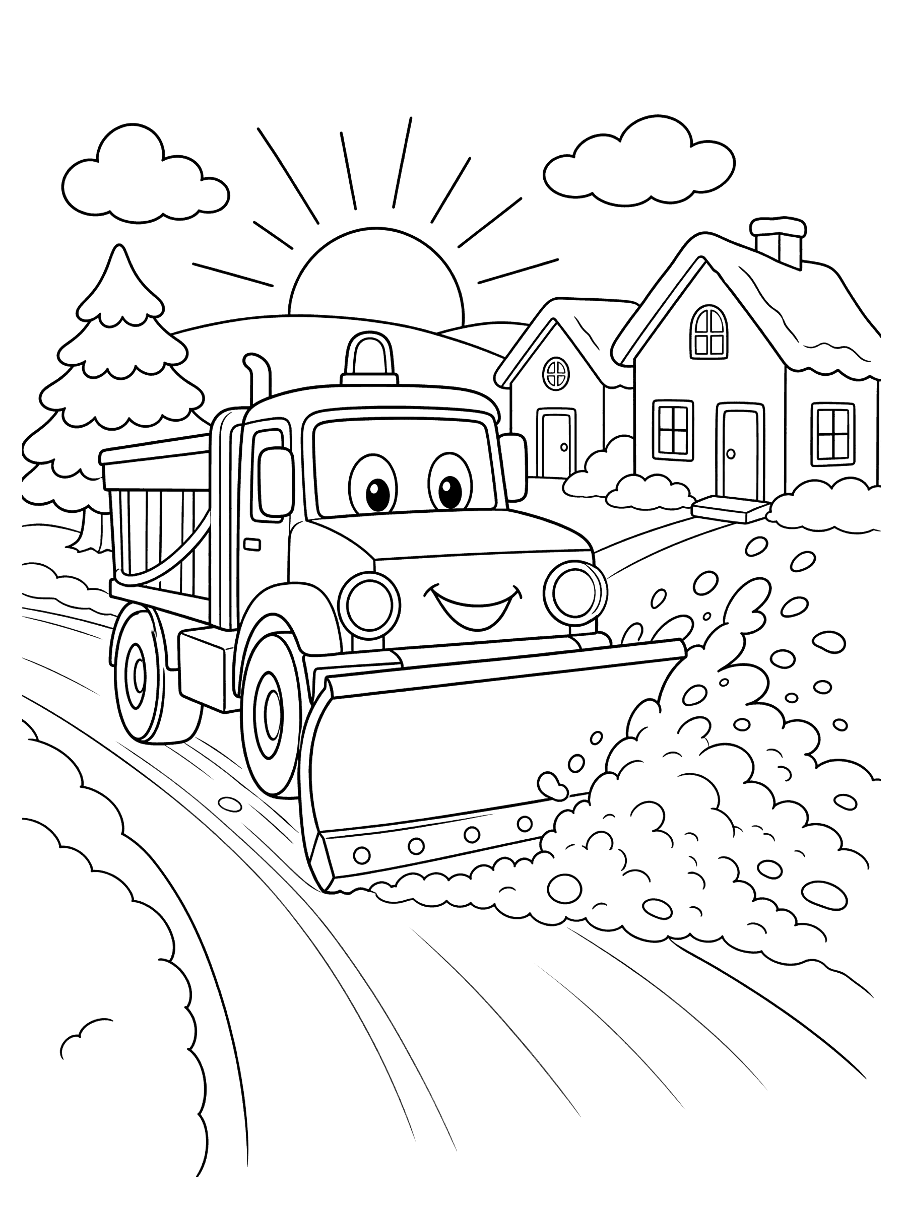 Snowplow Truck Clearing Snowy Road at Dawn Coloring Page