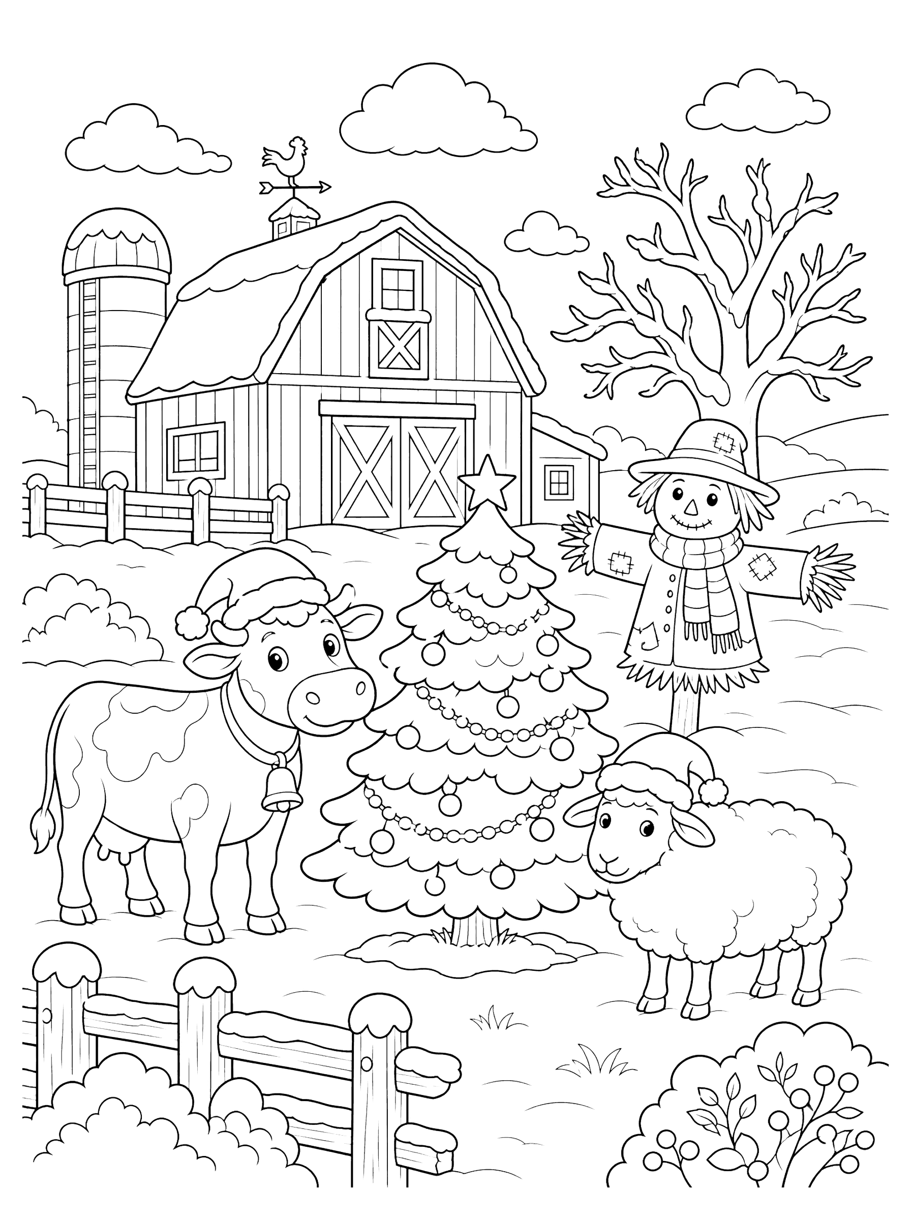 Snowy Farm Christmas Scene Coloring Page