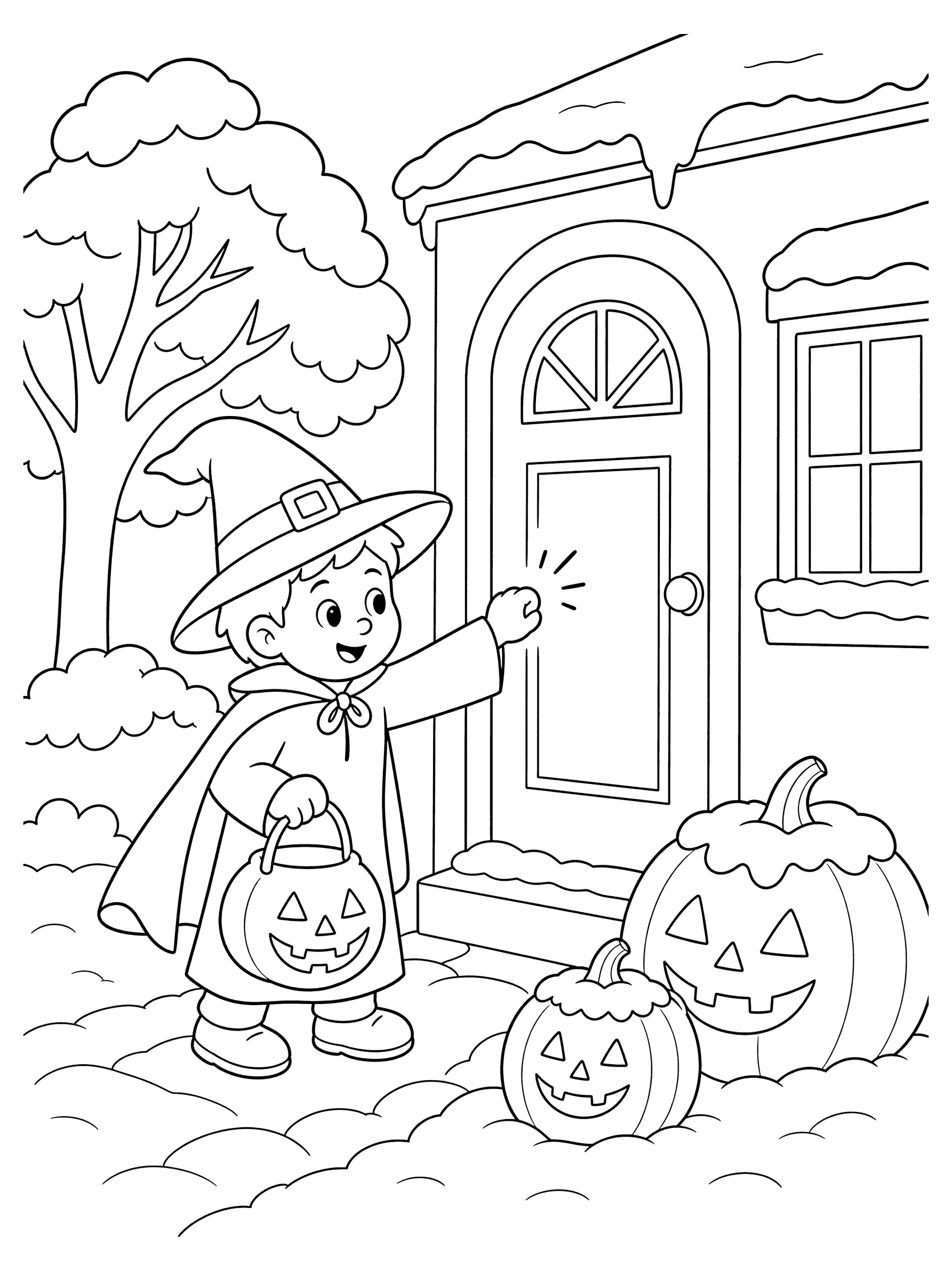 Snowy Halloween Trick-or-Treating Coloring Page