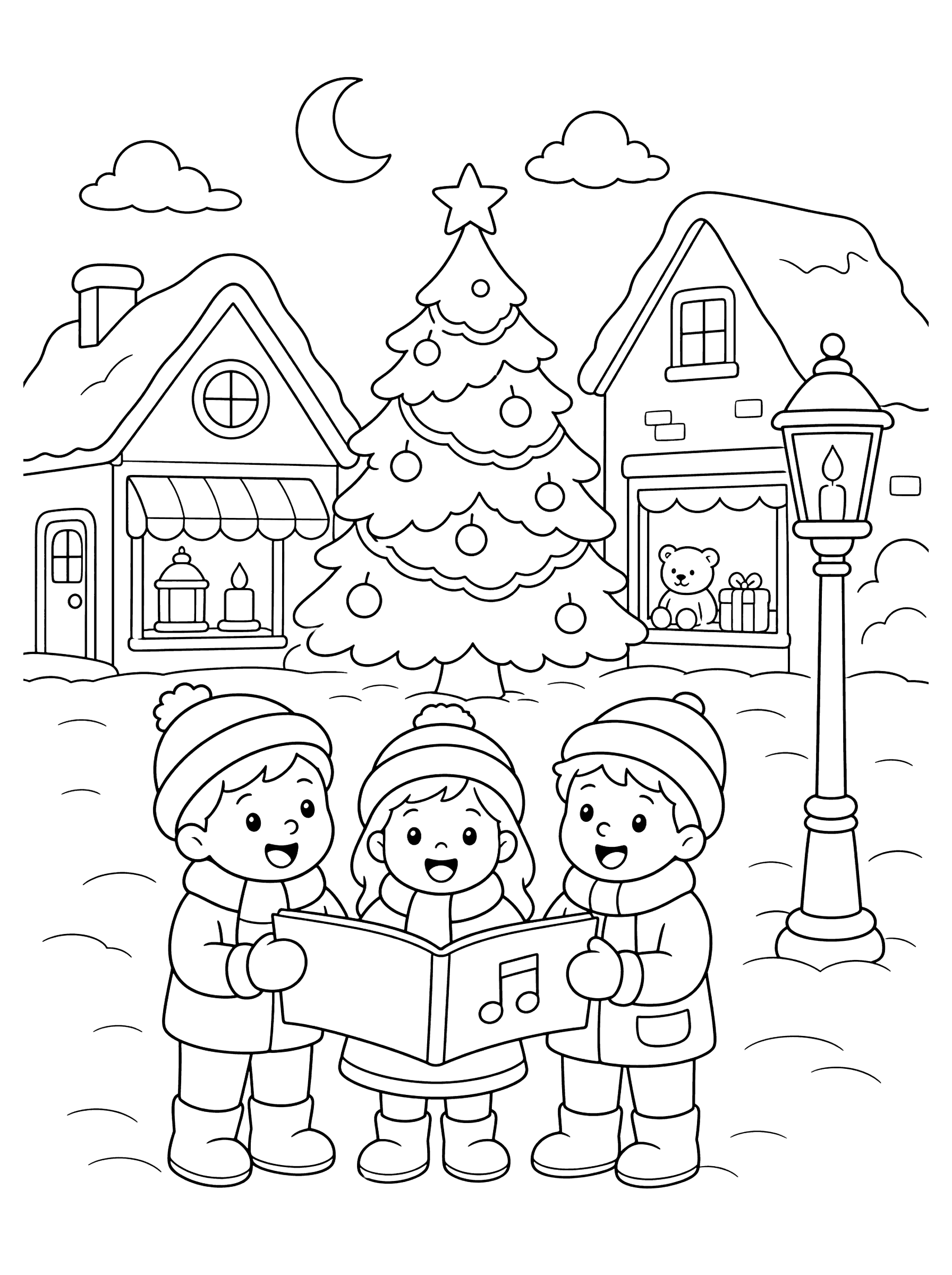 Snowy Village Street with Christmas Tree and Carolers Coloring Page