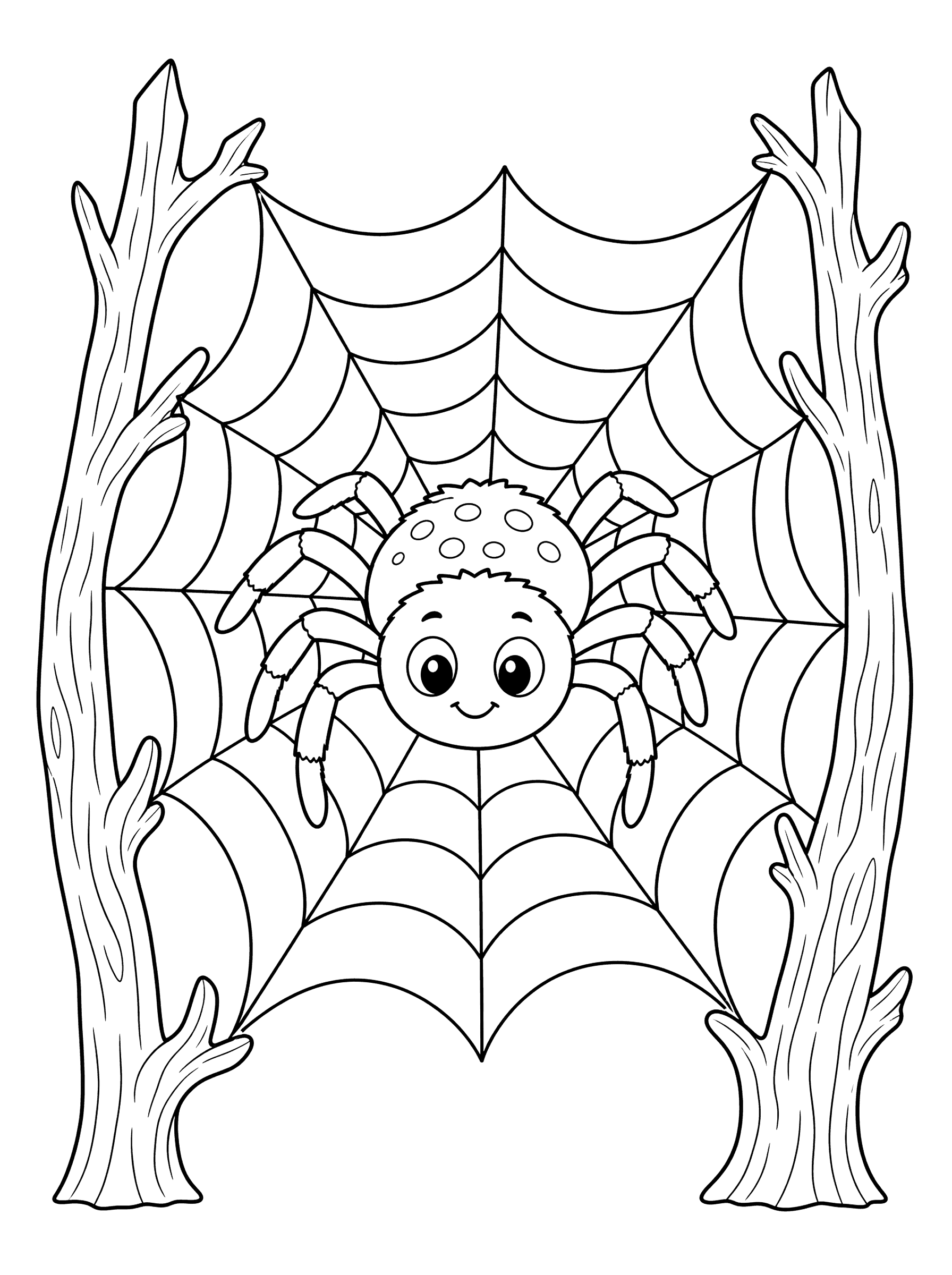 Spider In Web Between Dead Tree Branches Coloring Page