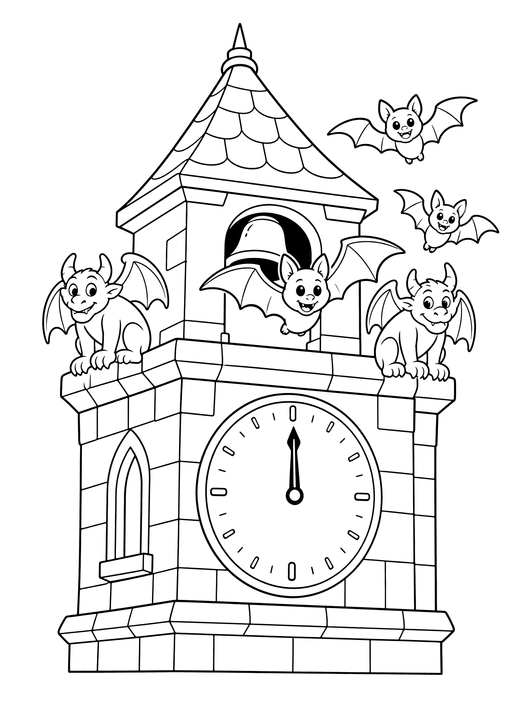 Spooky Clock Tower Striking Midnight Coloring Page