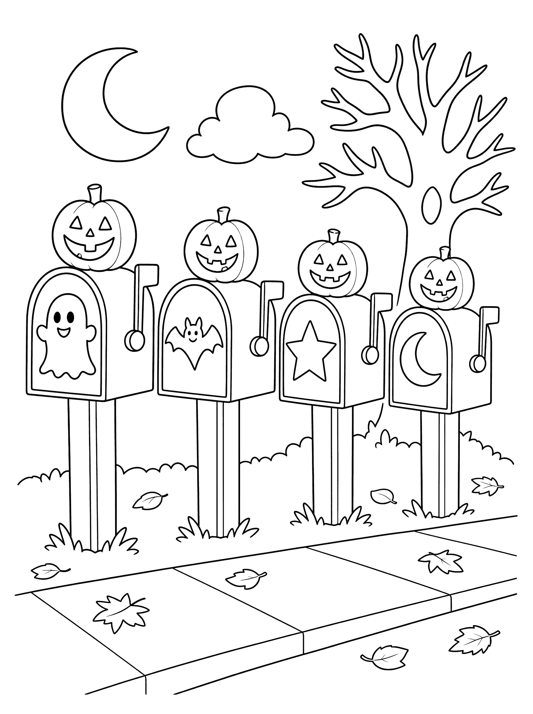 Spooky Street Mailboxes With Jack-O'-Lanterns Coloring Page