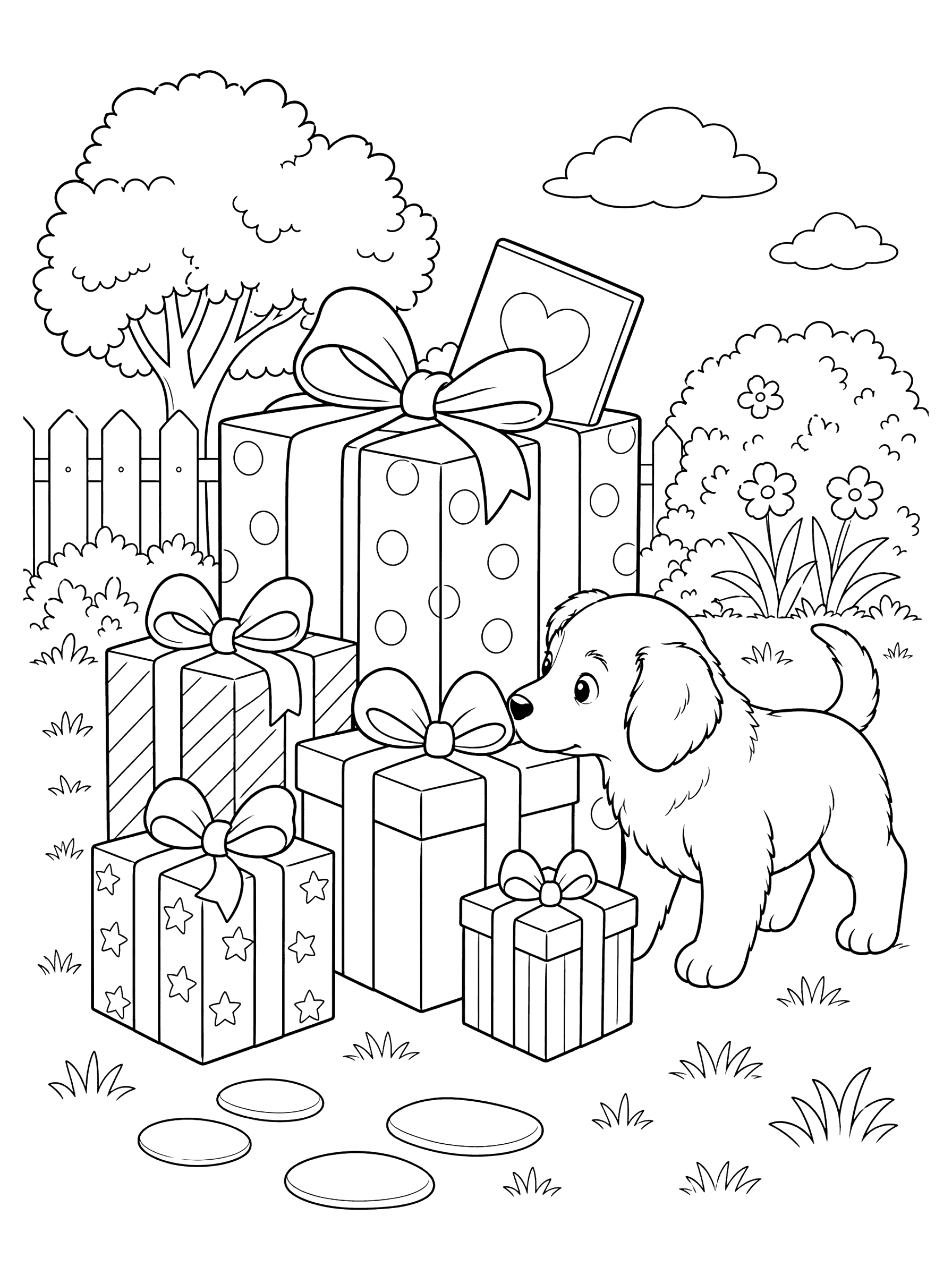 Stack of Presents With Puppy Coloring Page