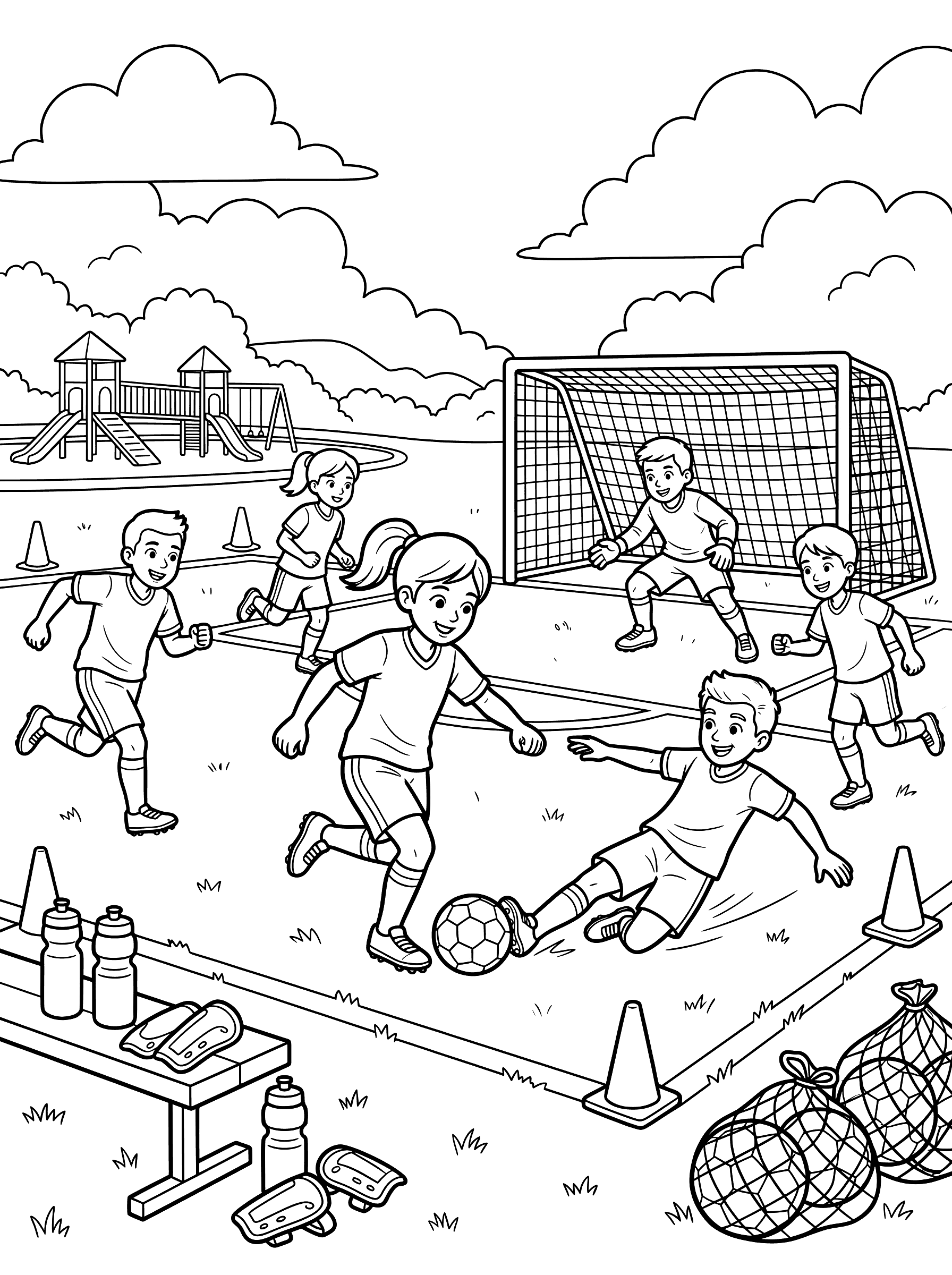 Summer Soccer Game at Park Field Coloring Page
