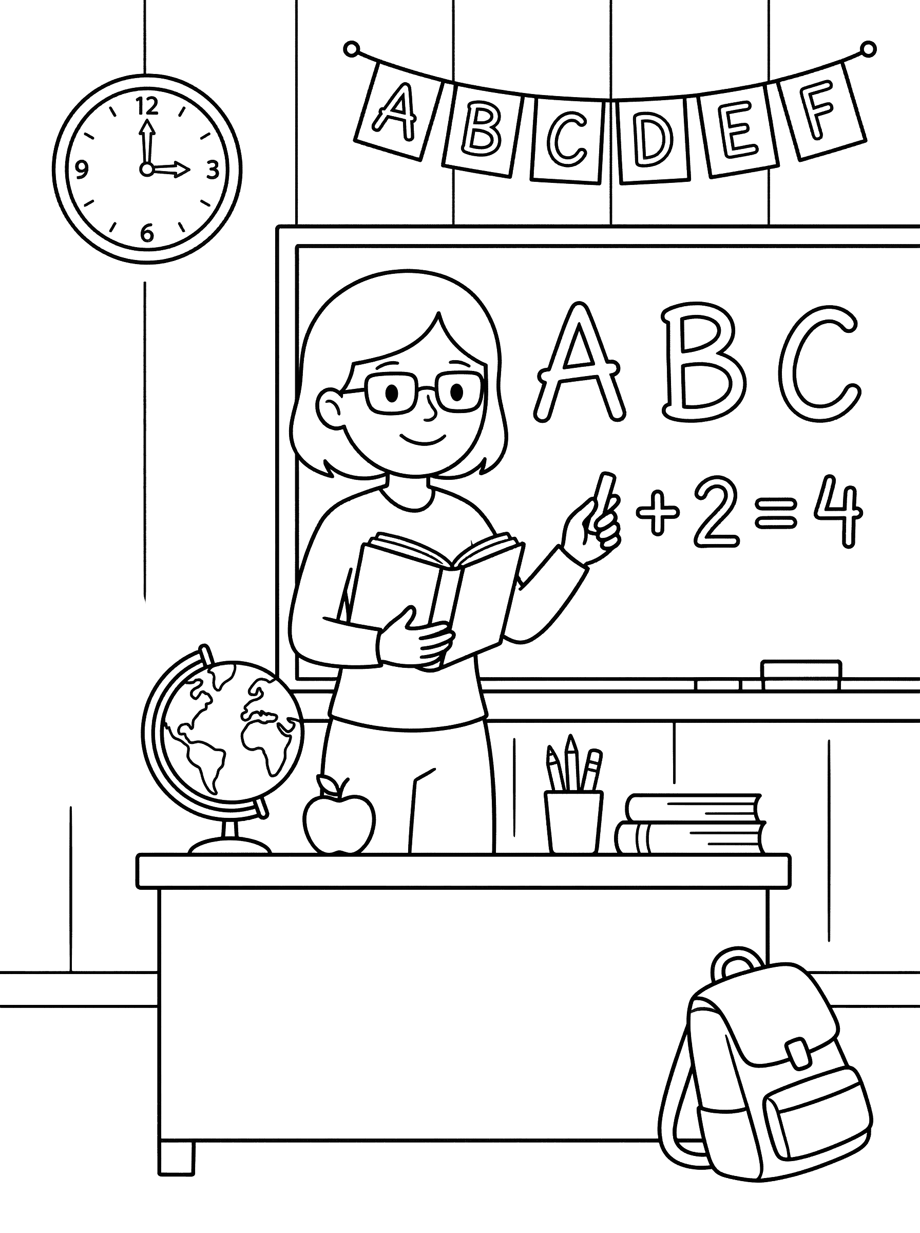 Teacher in Classroom With Chalkboard and School Supplies Coloring Page