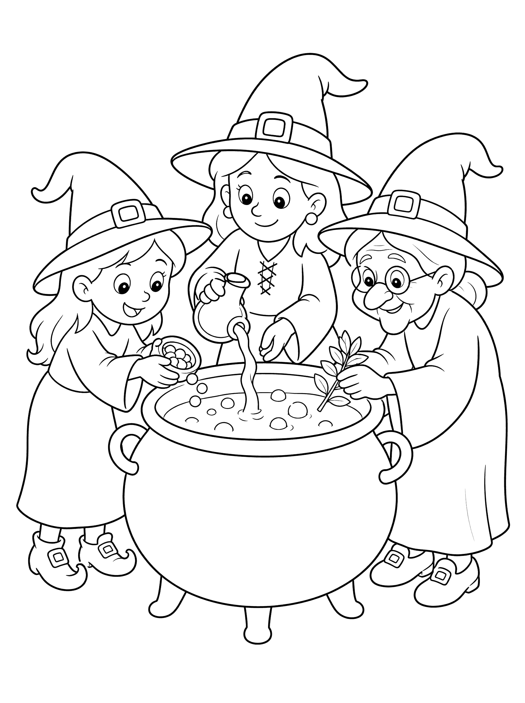 Three Witches Around a Cauldron Coloring Page