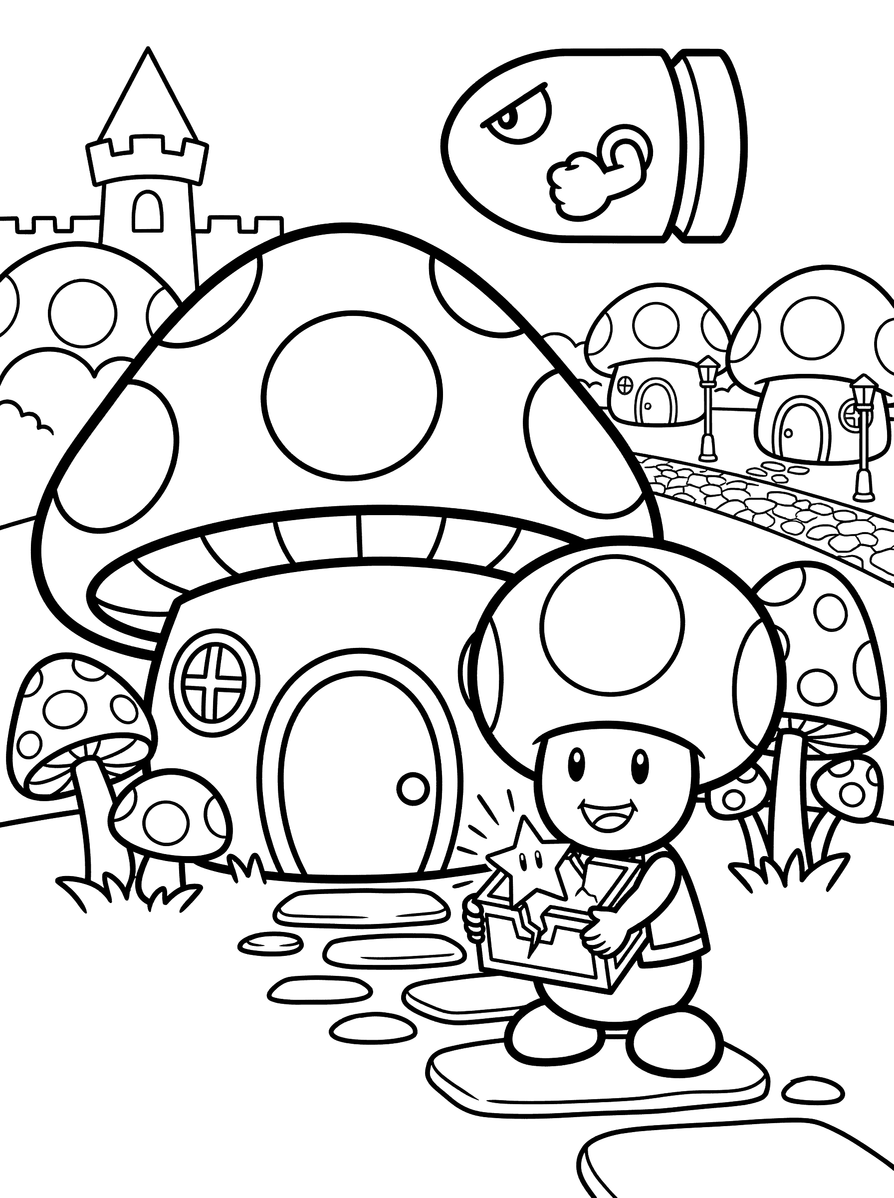 Toad With Treasure Chest And Mushroom House Coloring Page