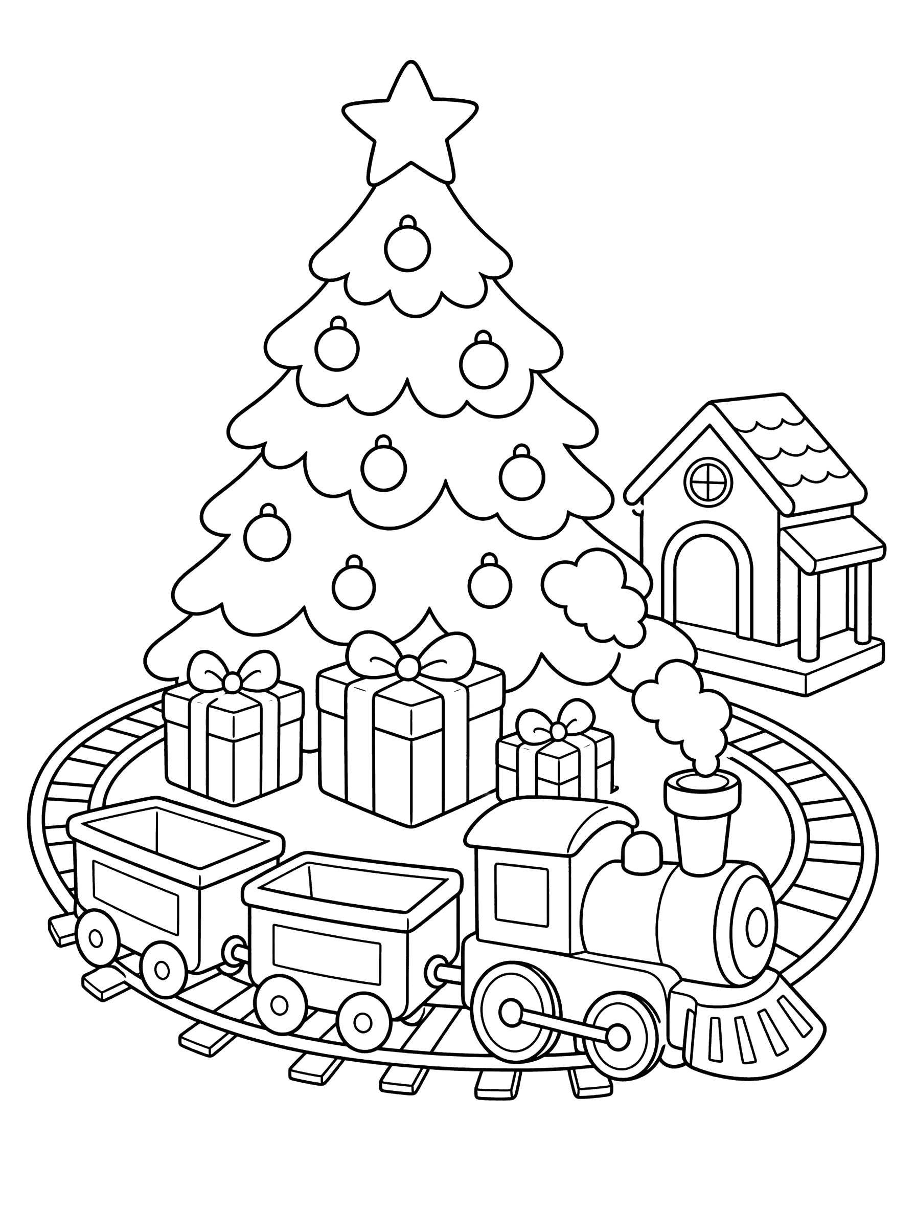 Toy Train Around Christmas Tree Coloring Page
