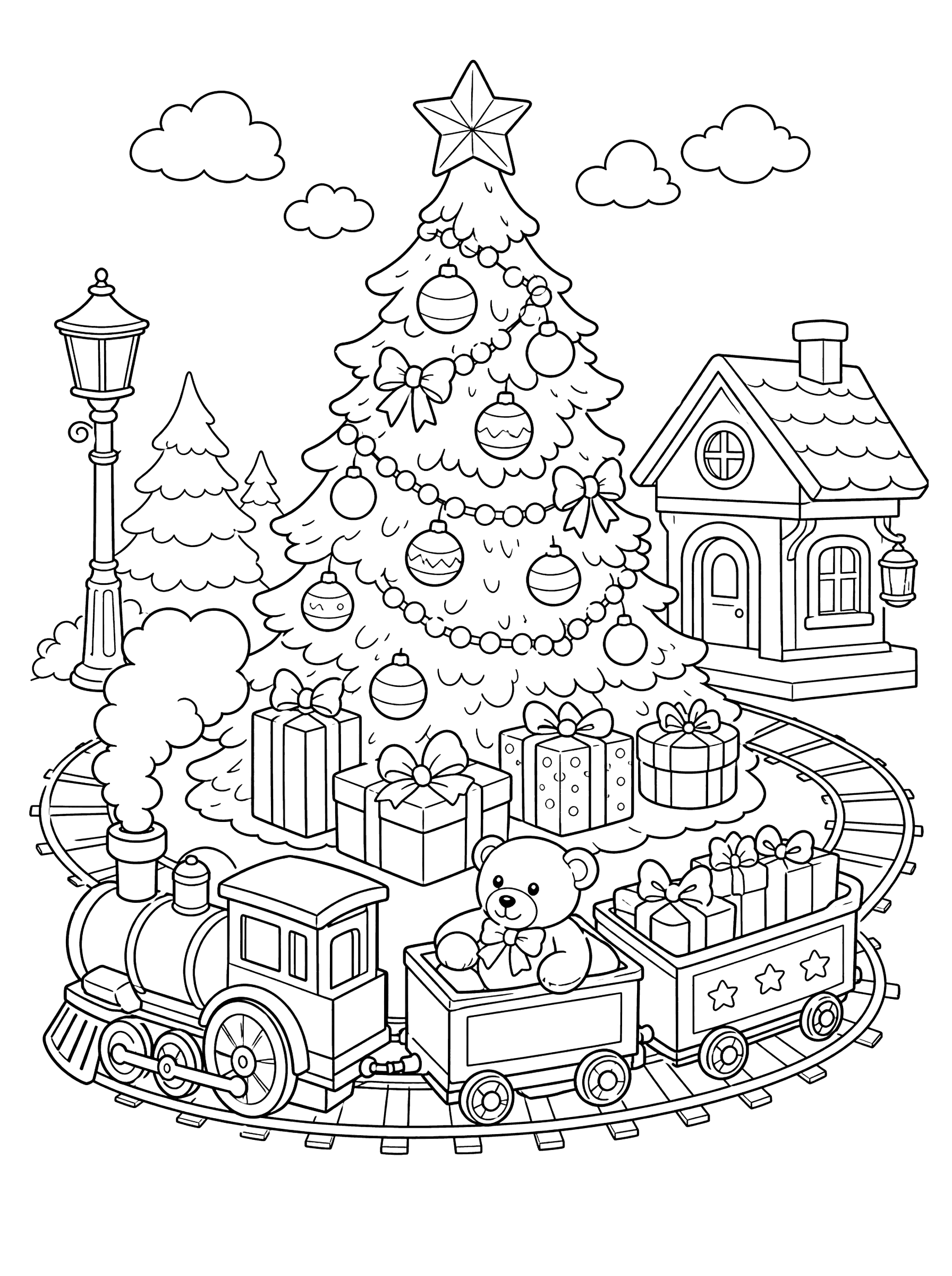 Toy Train Circling Christmas Tree Coloring Page
