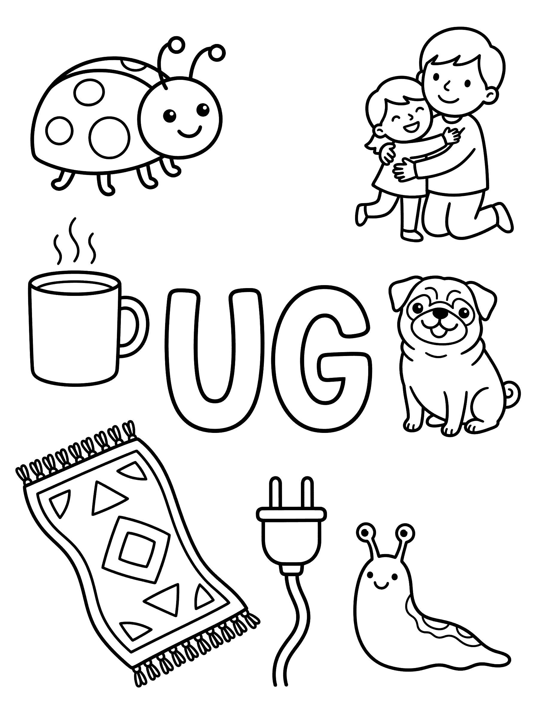 UG Word Family Letters and Objects Coloring Page