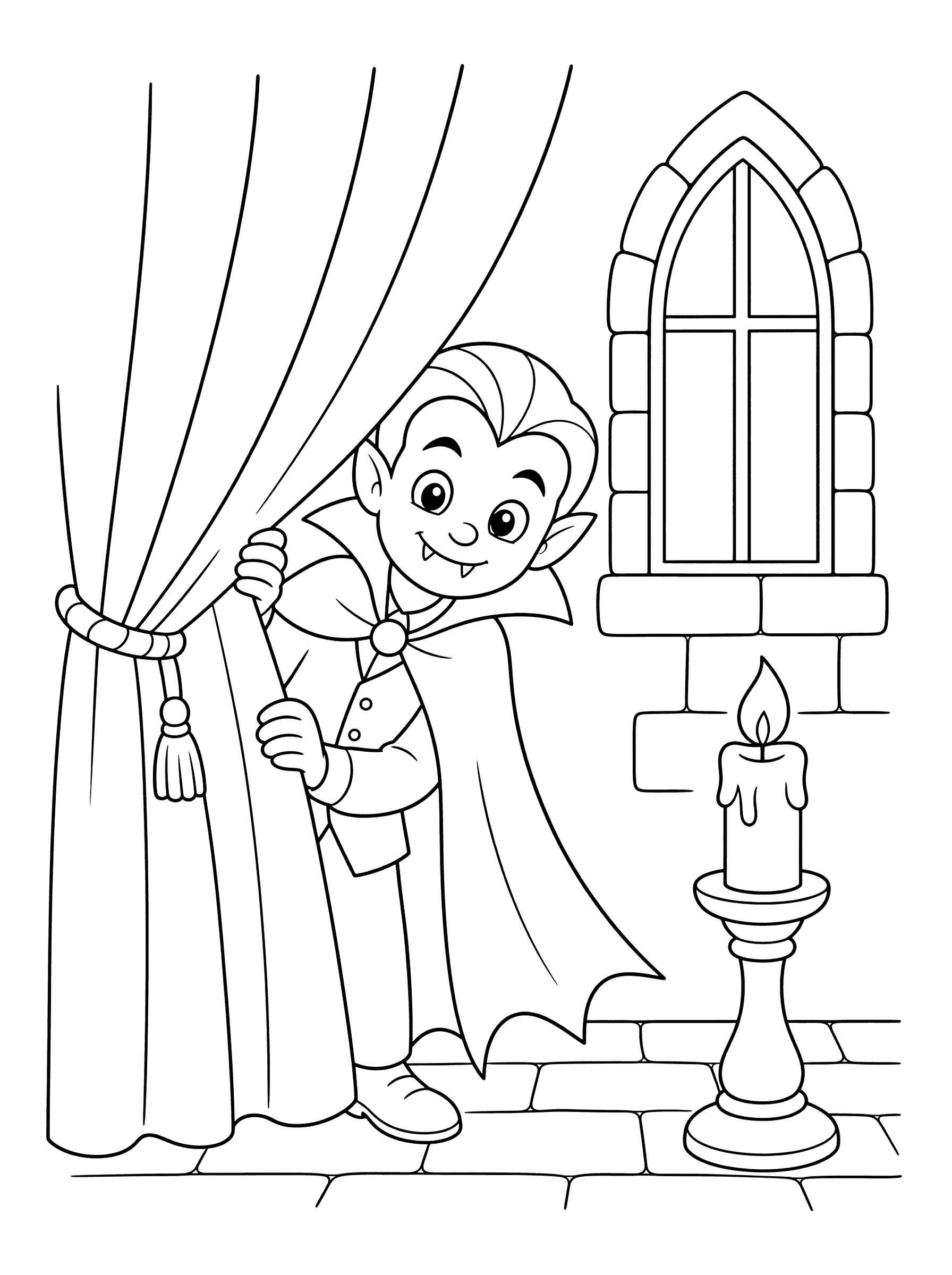 Vampire Peeking Behind Castle Curtain Coloring Page