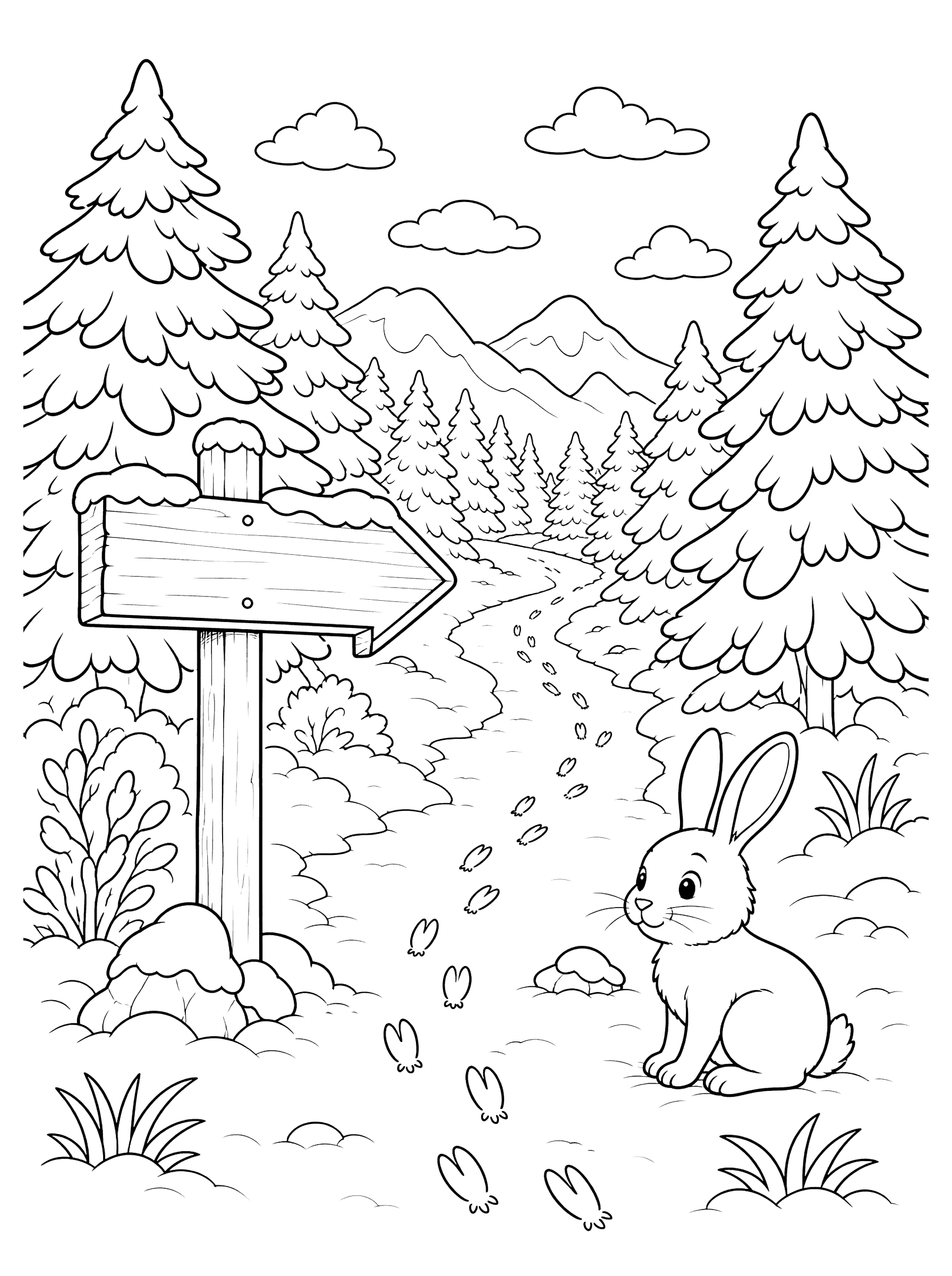 Winter Forest Path to North Pole Coloring Page
