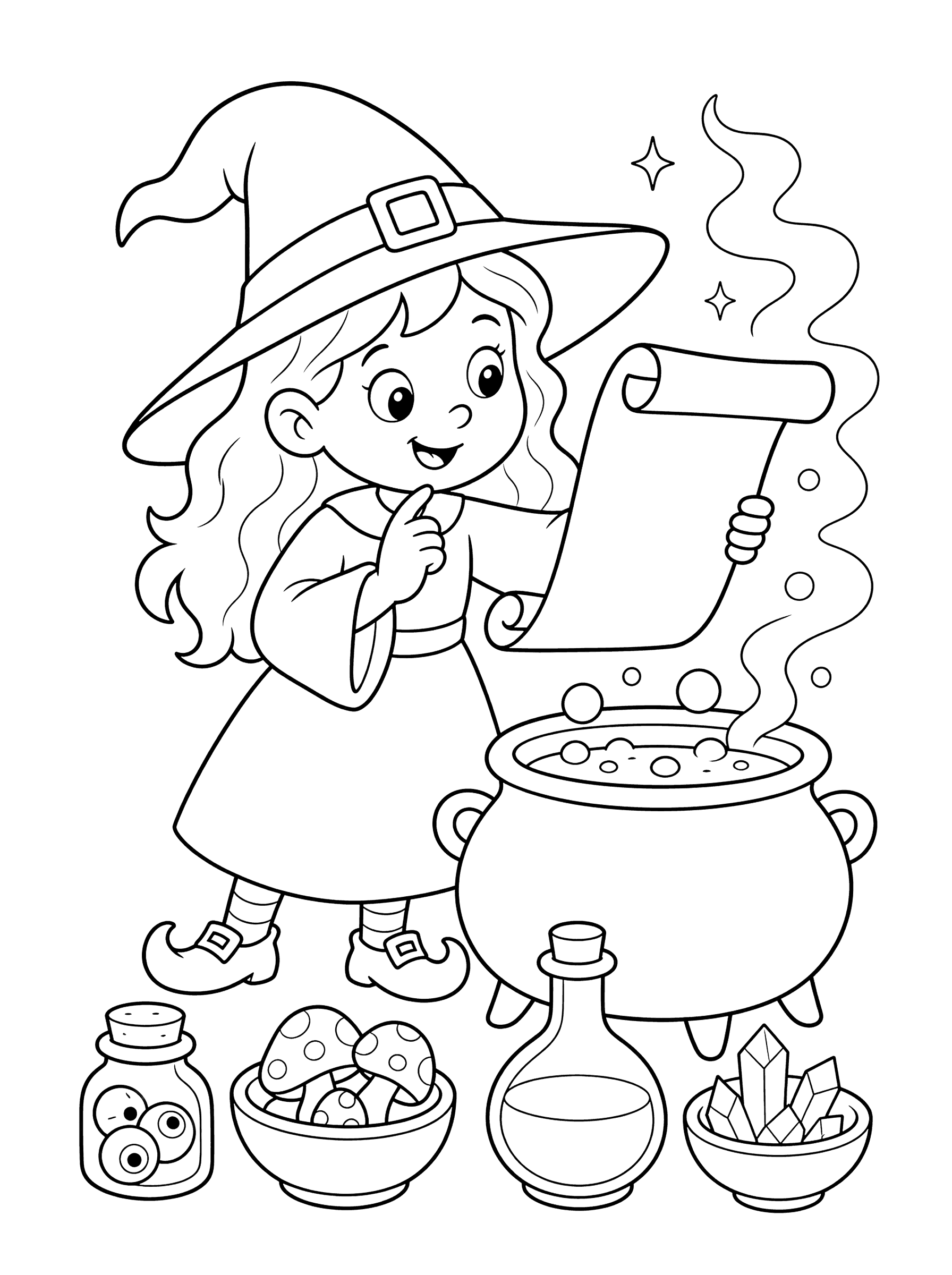 Witch Checking Potion Recipe Coloring Page