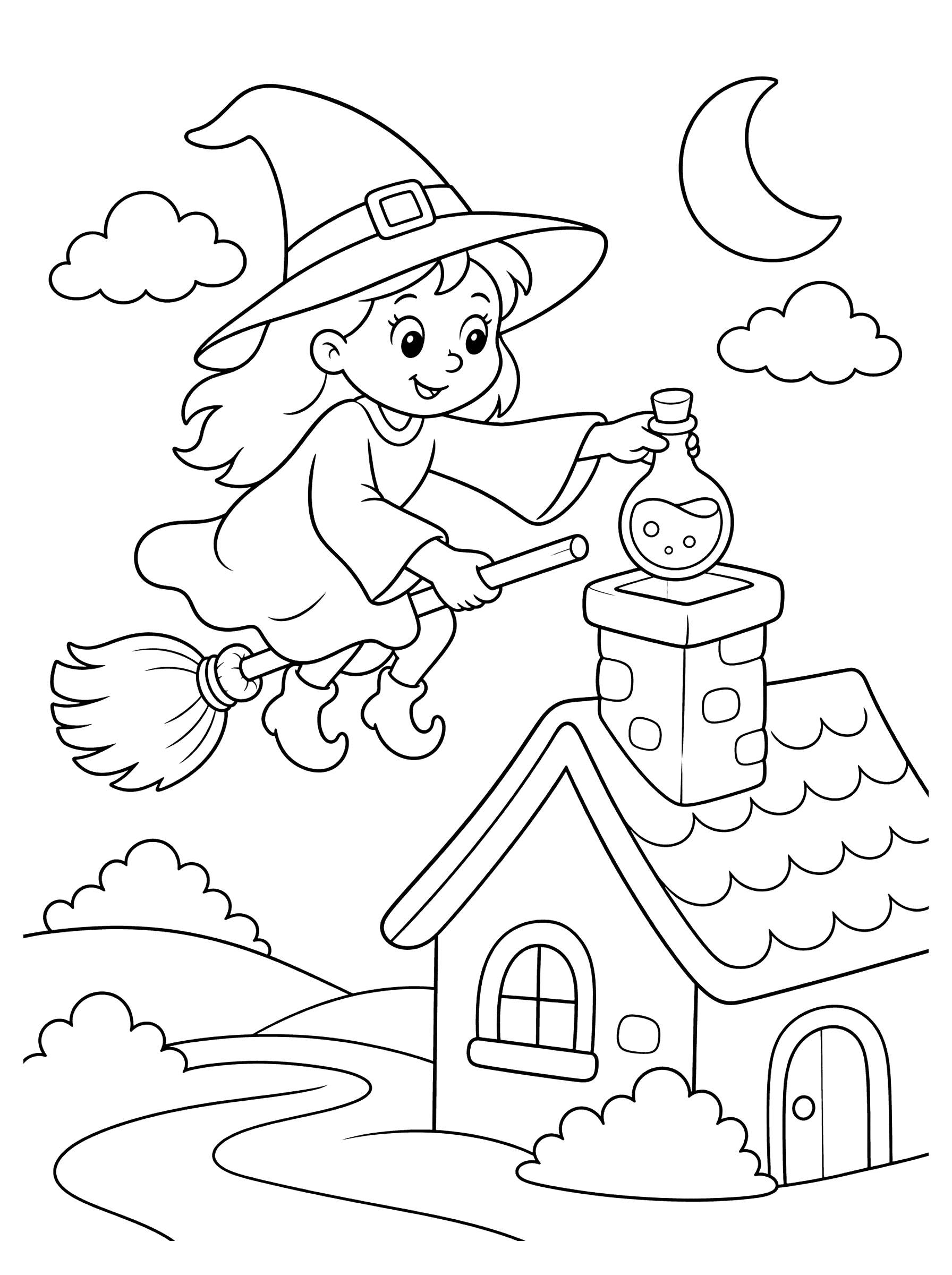 Witch Delivering Potions By Broom Mail Coloring Page