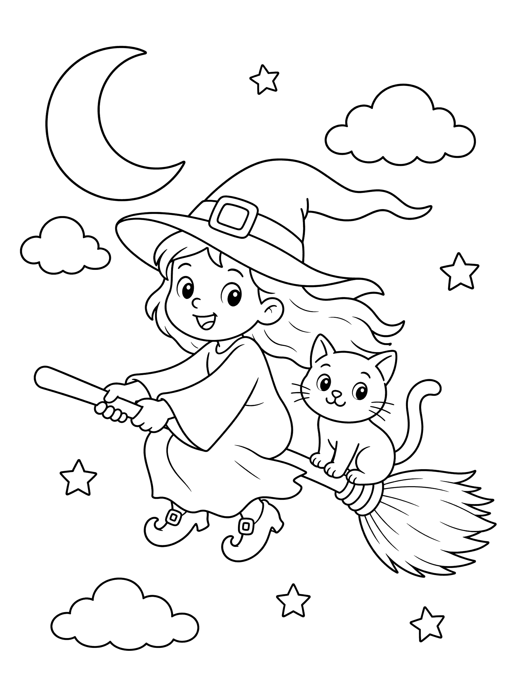 Witch Flying on Broomstick with Cat Coloring Page