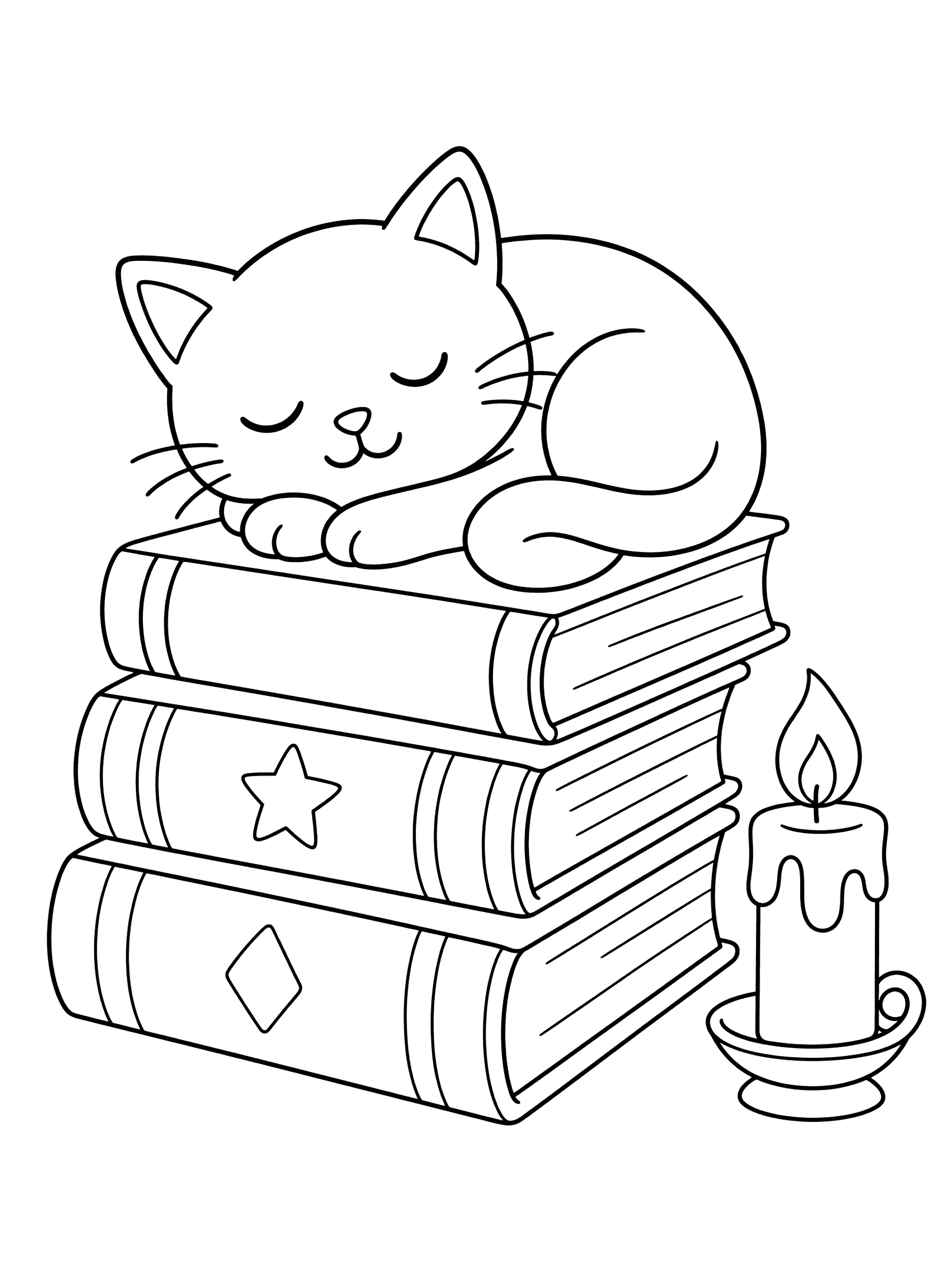 Witch's Black Cat Sleeping on Spellbooks Coloring Page