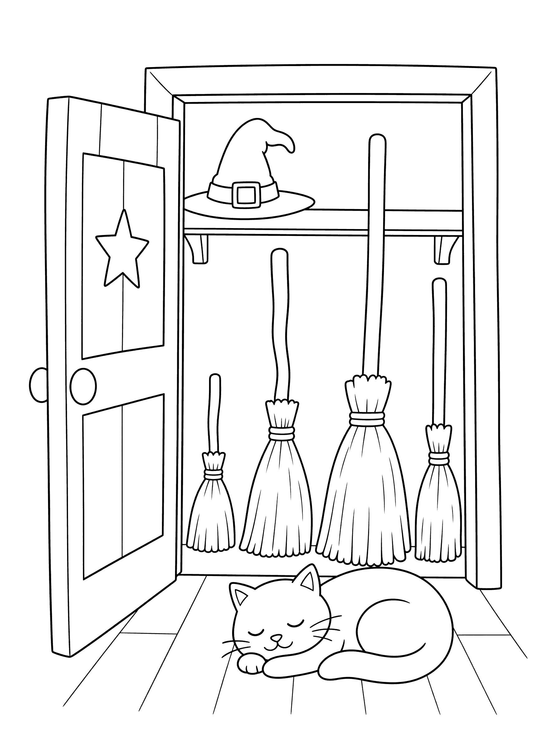 Witch's Broom Closet With Napping Cat Coloring Page