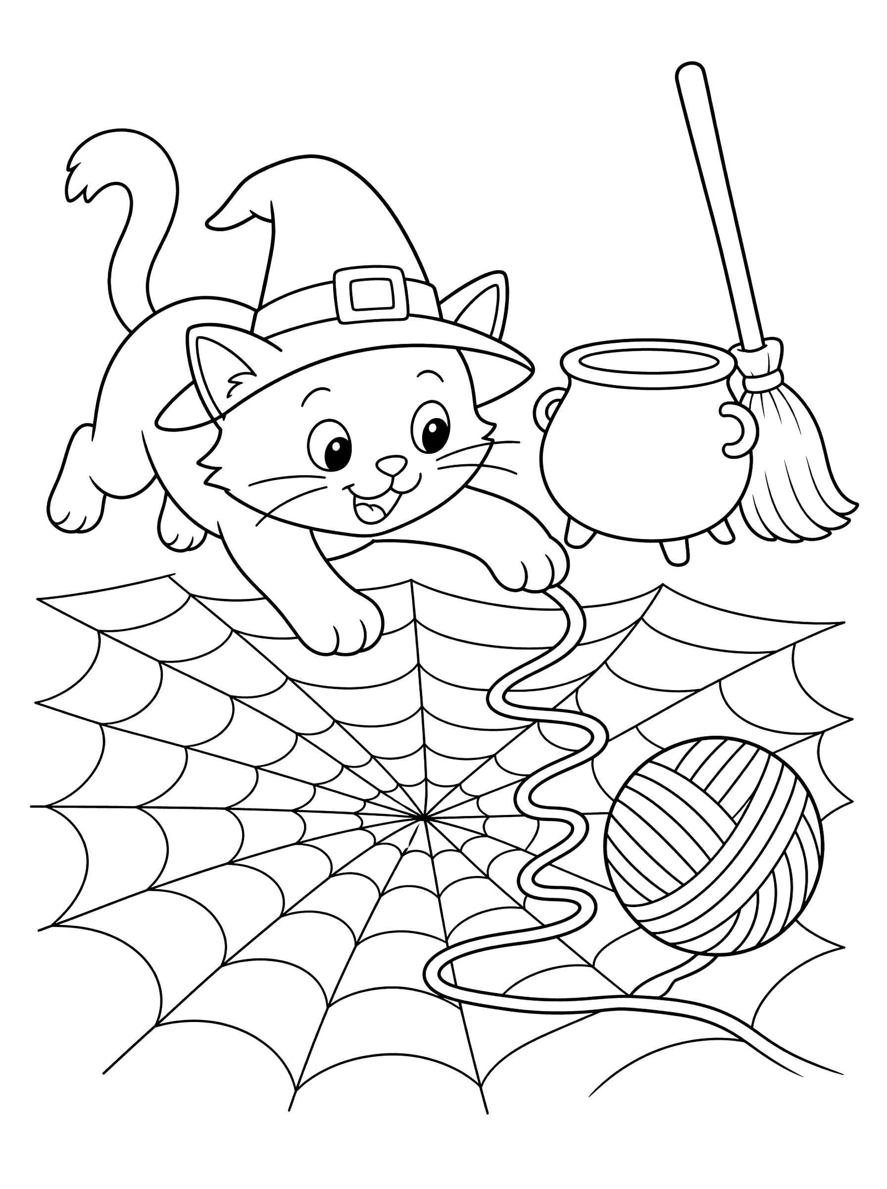 Witch's Cat Chasing Yarn Spiderweb Coloring Page