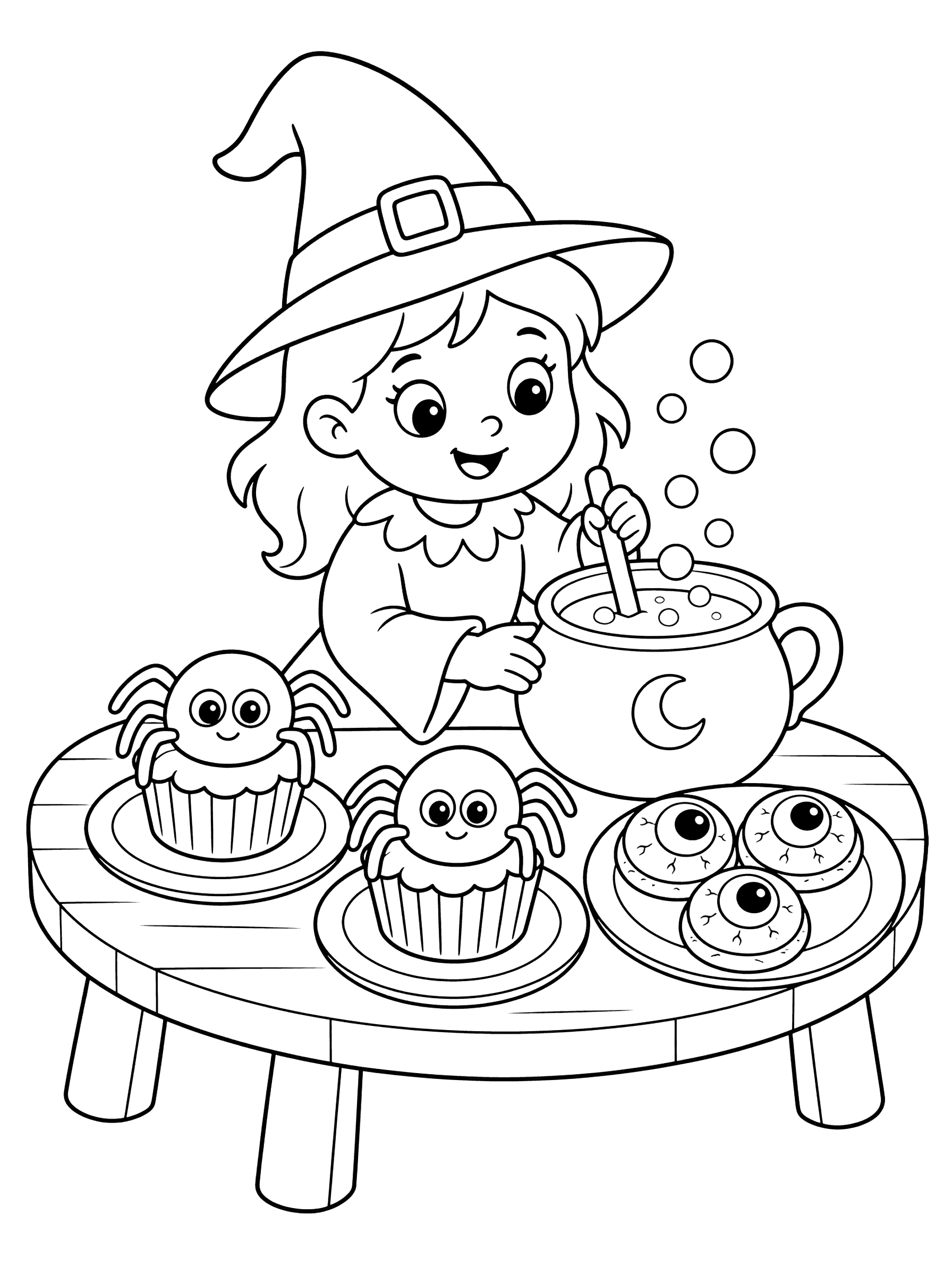 Witch's Kitchen Table with Spider Cupcakes Coloring Page