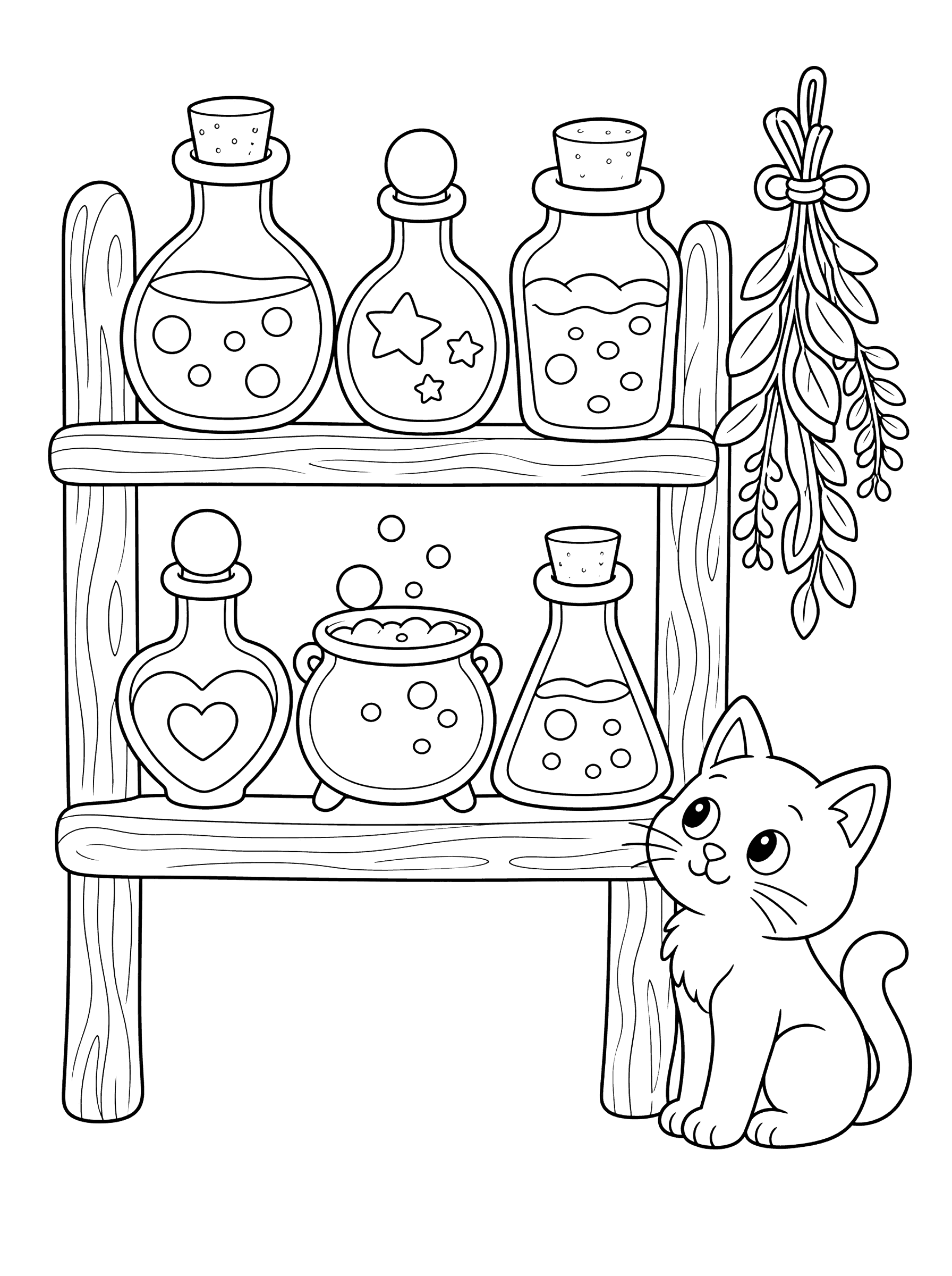 Witch's Potion Shelf With Curious Cat Coloring Page