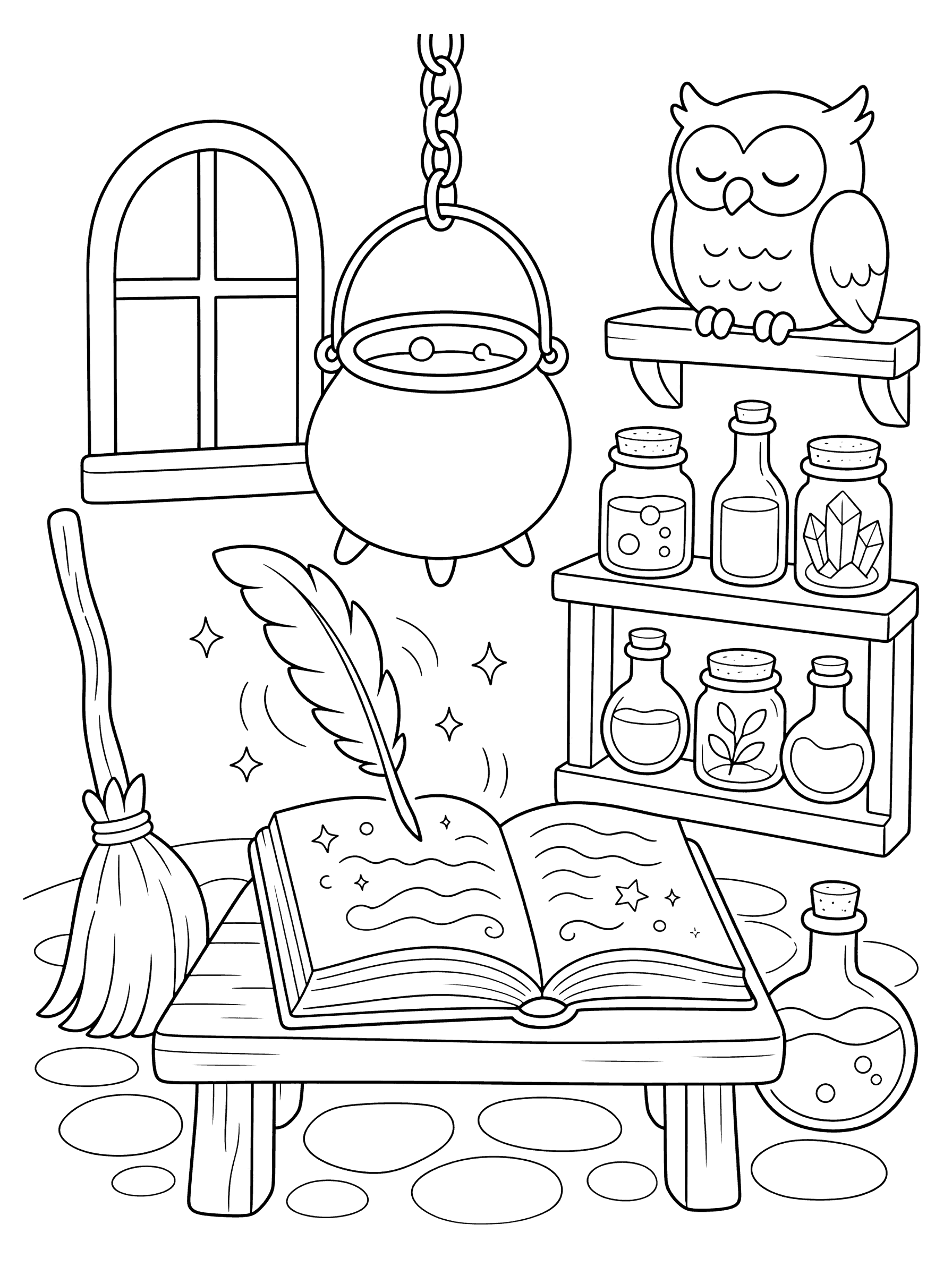 Witch's Workshop With Cauldron and Owl Coloring Page