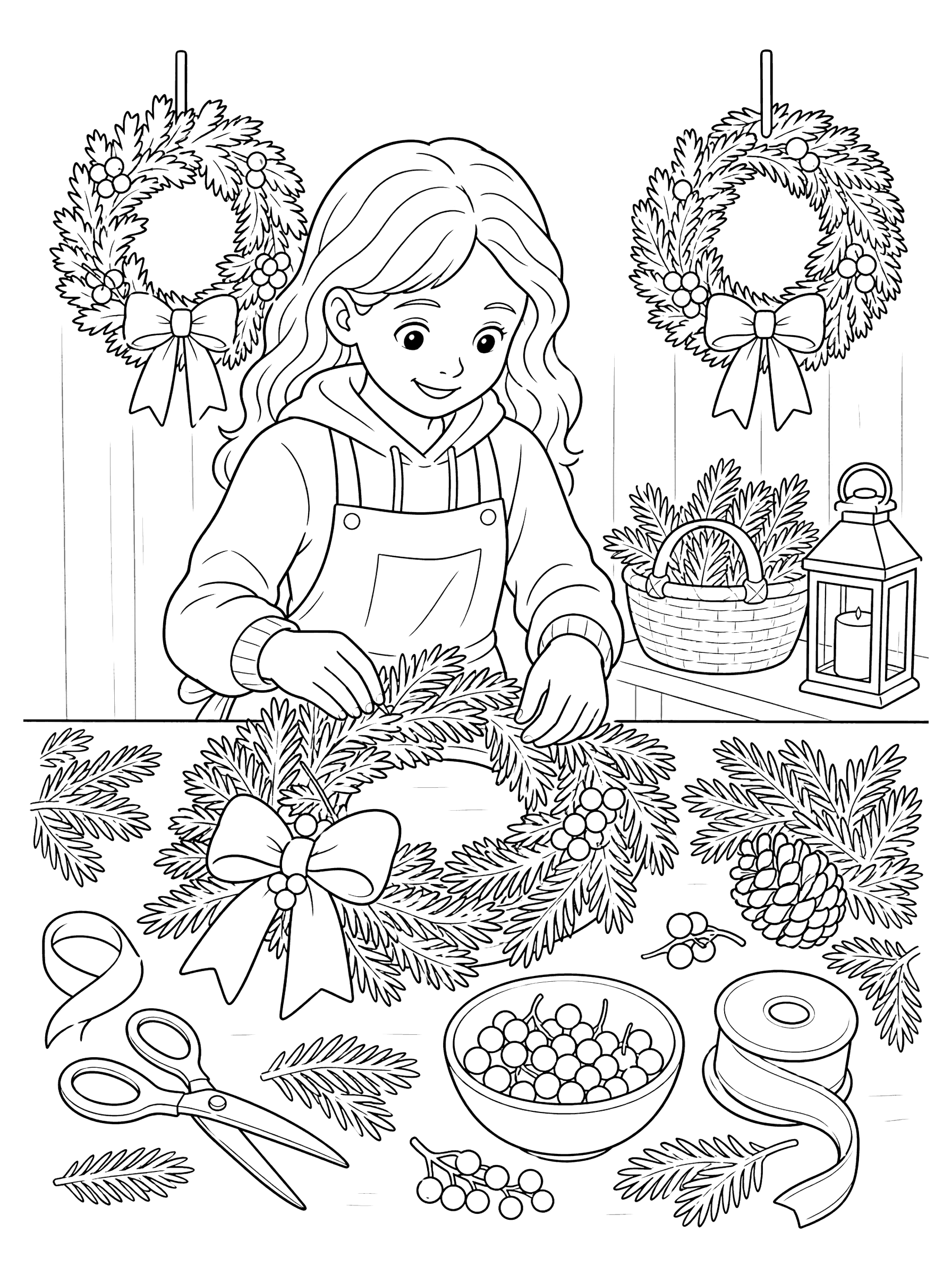 Wreath Making Table With Pine Branches Coloring Page