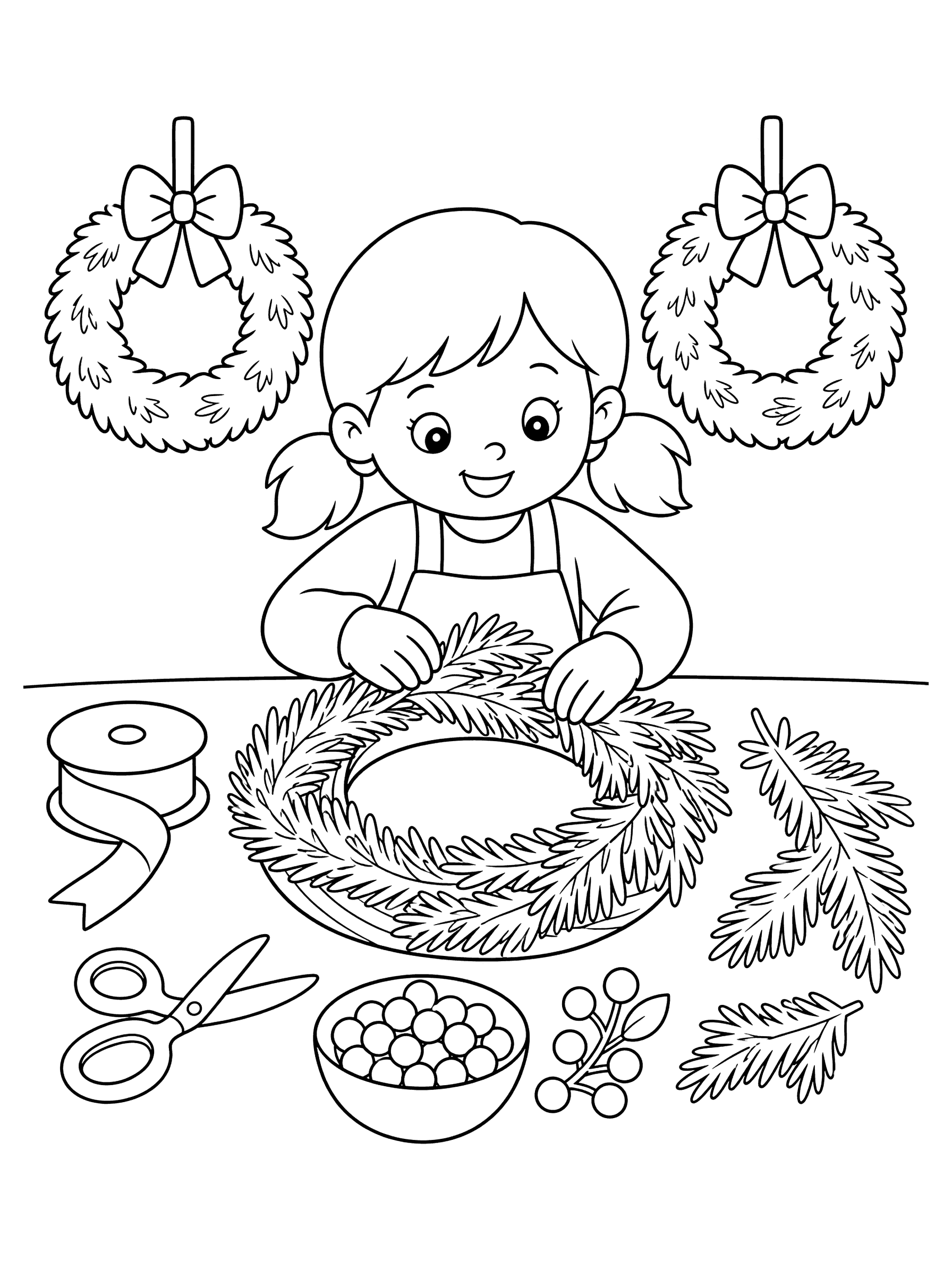 Wreath-Making Table With Pine Branches Coloring Page