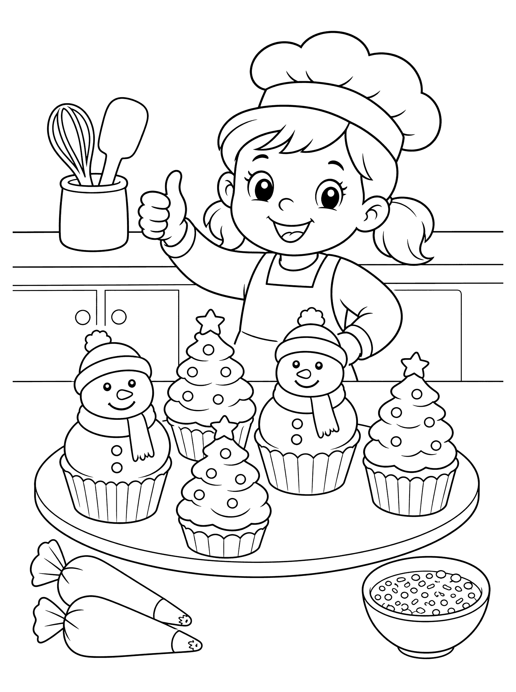 Young Baker Decorating Snowman and Tree Cupcakes Coloring Page