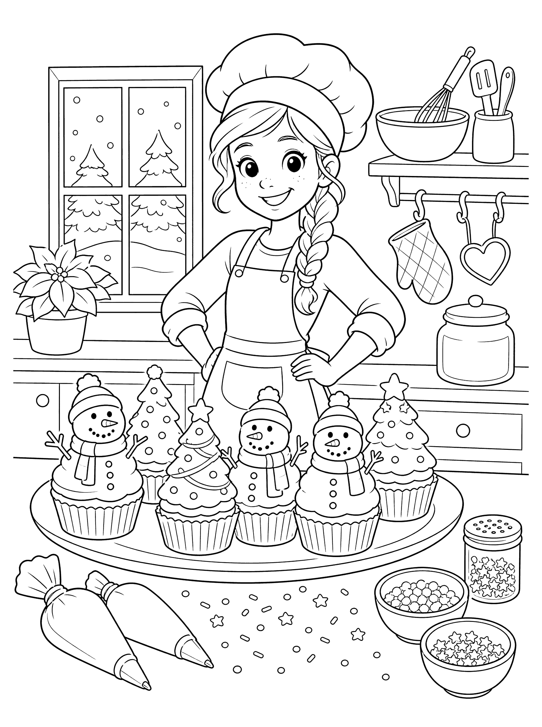Young Baker Decorating Snowmen and Tree Cupcakes Coloring Page