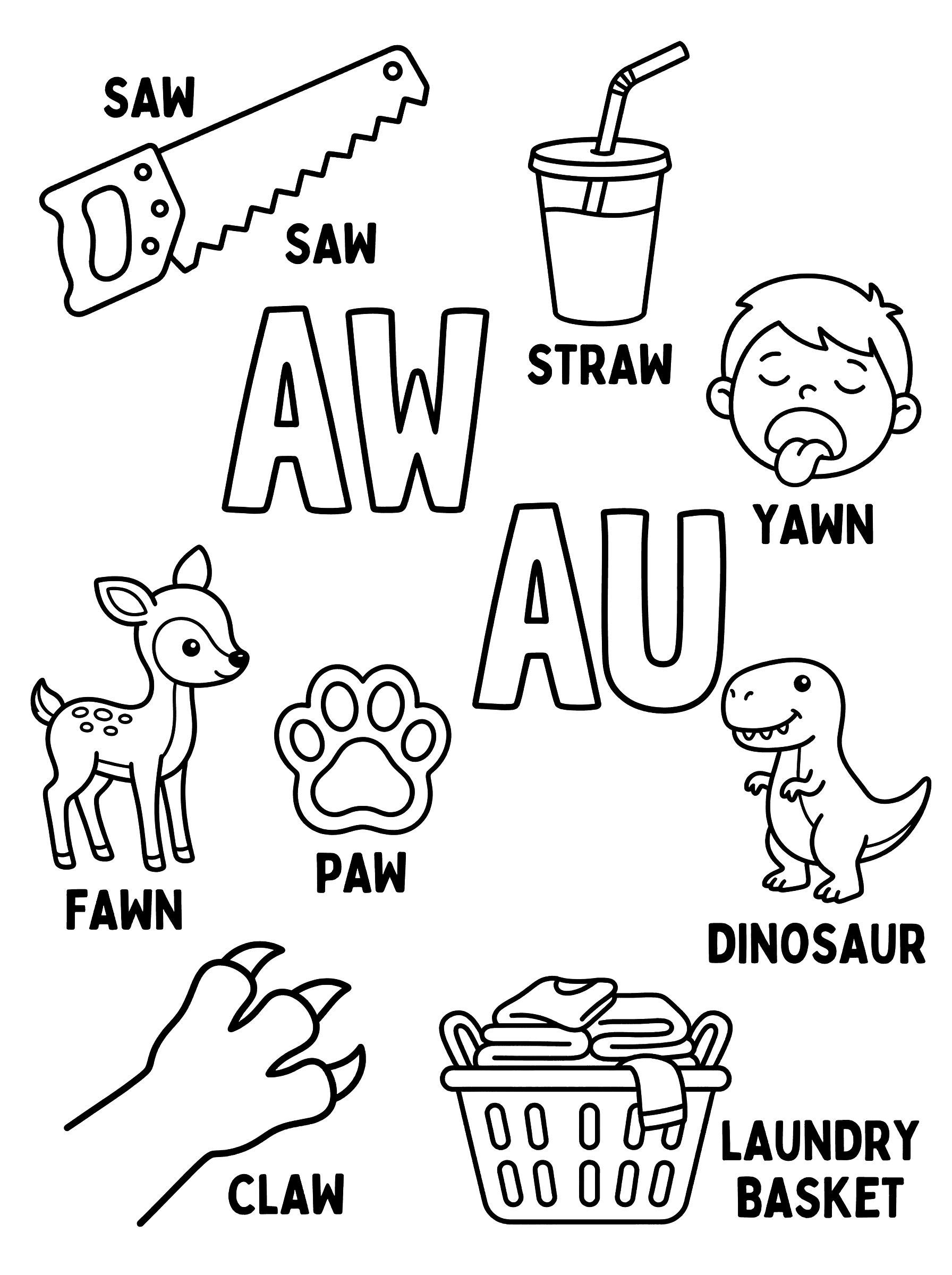 AW and AU Letter Sounds with Objects Coloring Page