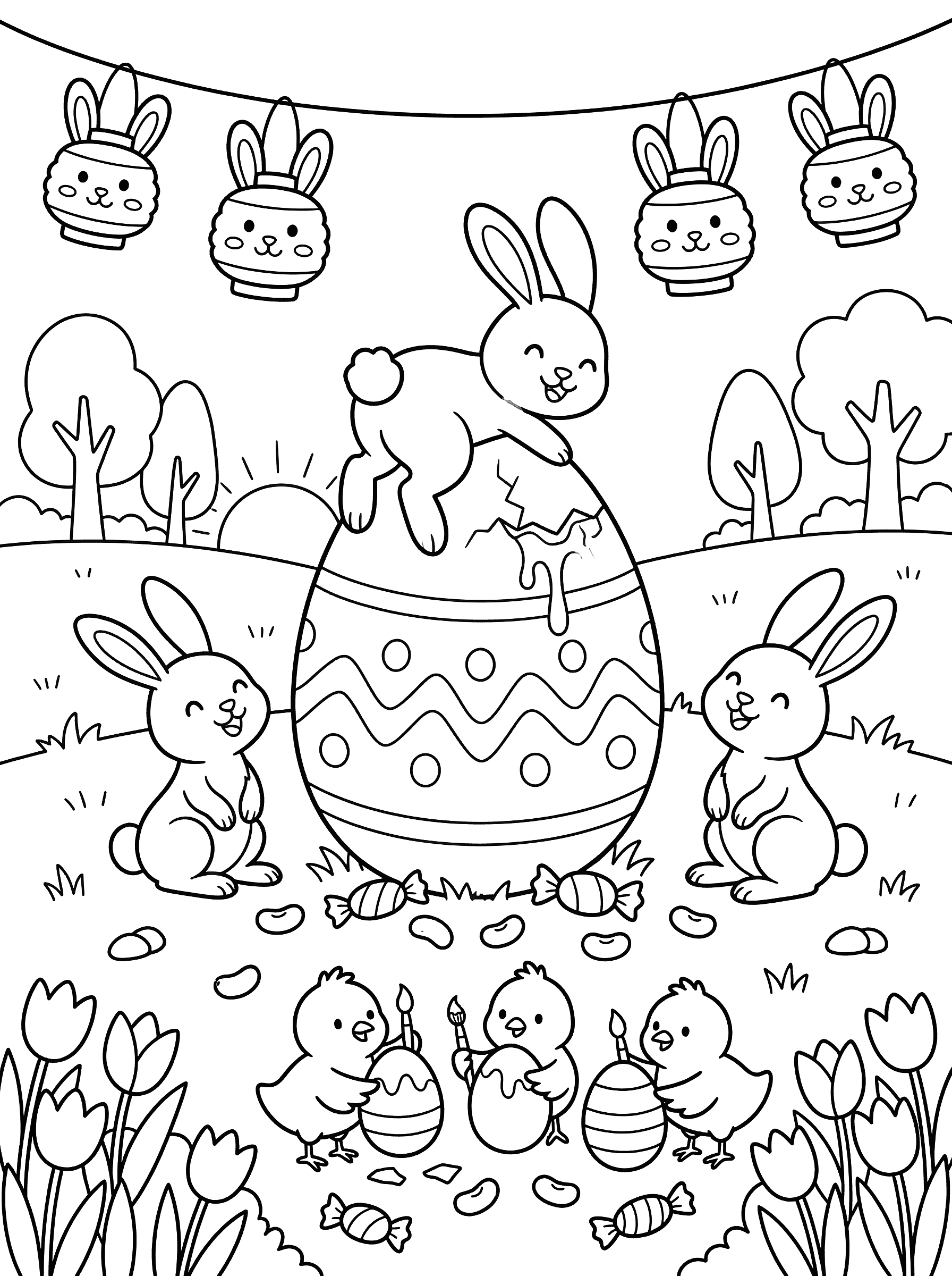 Bunnies Around Cracked Egg With Bunny Lanterns Coloring Page
