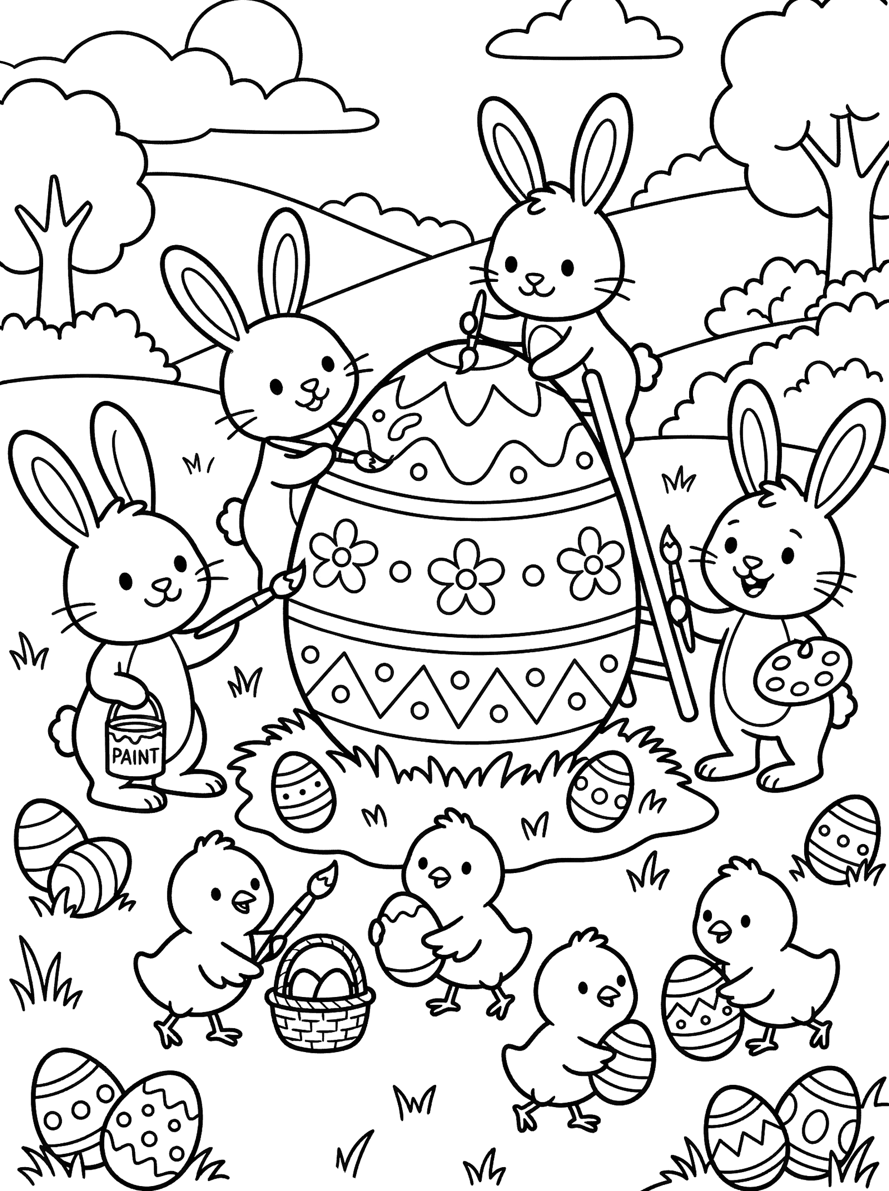 Bunnies and Chicks Decorating Giant Easter Egg Coloring Page