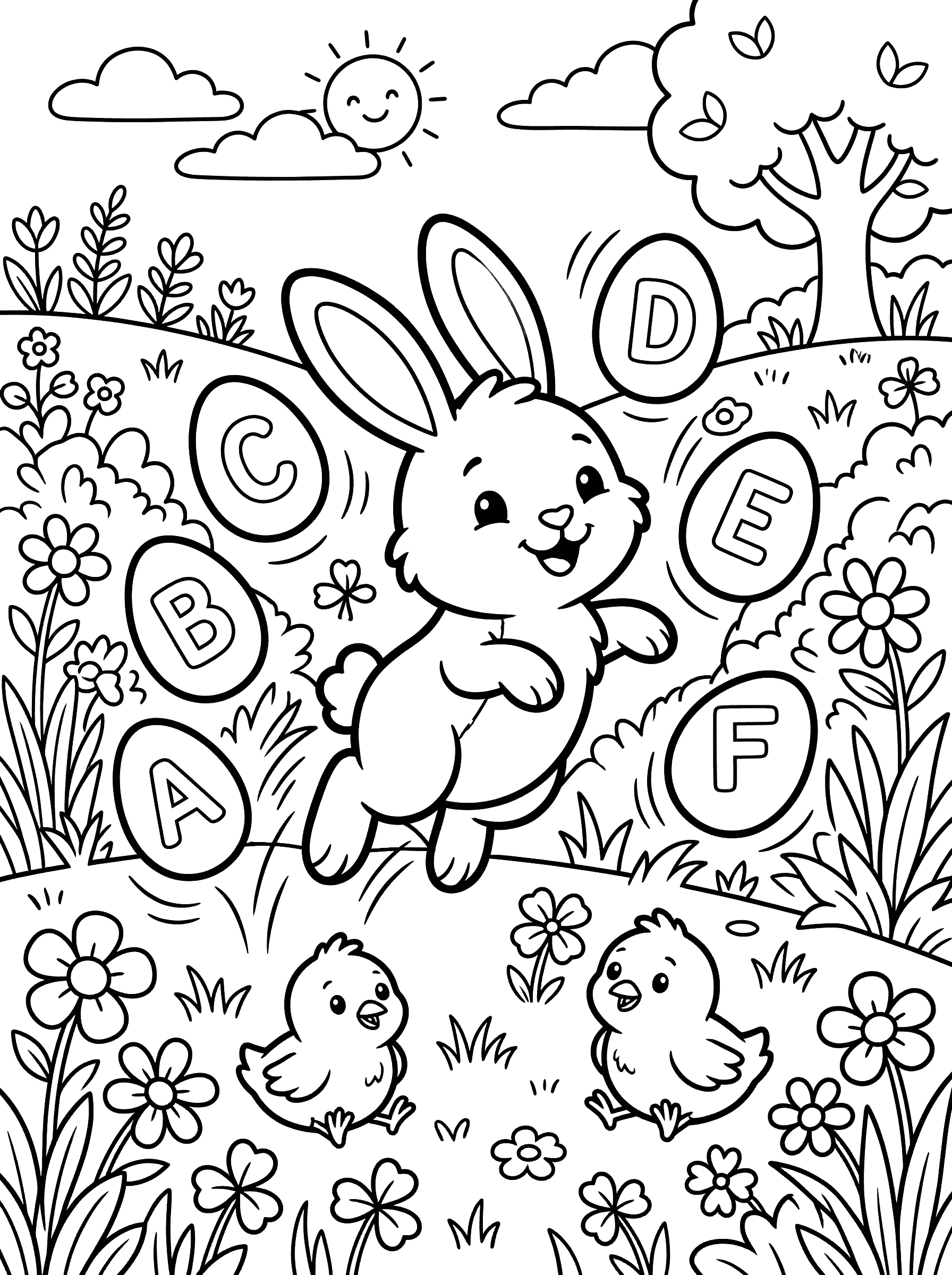 Bunny With Alphabet Easter Eggs A Through F Coloring Page