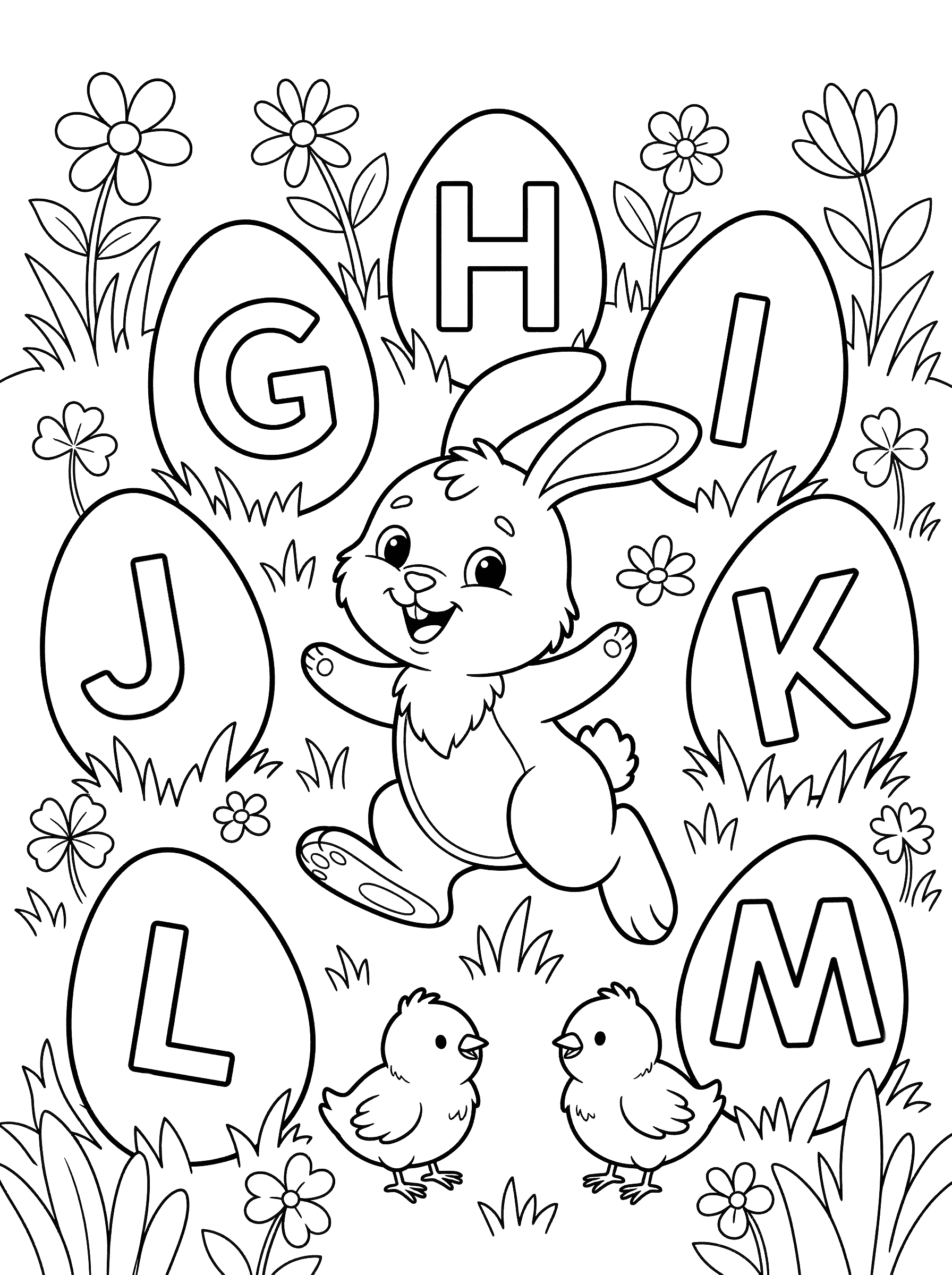 Bunny With Alphabet Easter Eggs G Through M Coloring Page