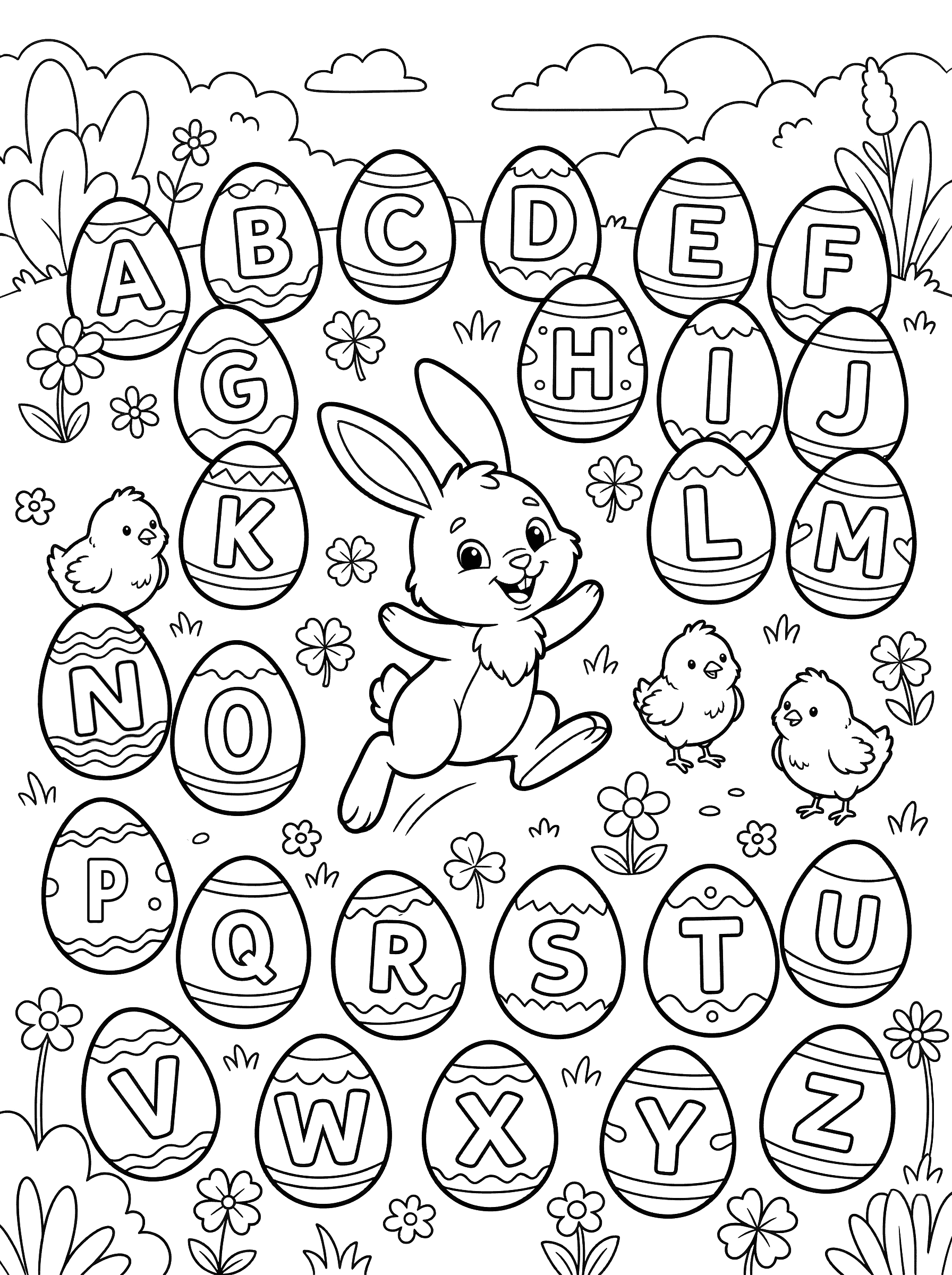 Bunny With Alphabet Easter Eggs Coloring Page