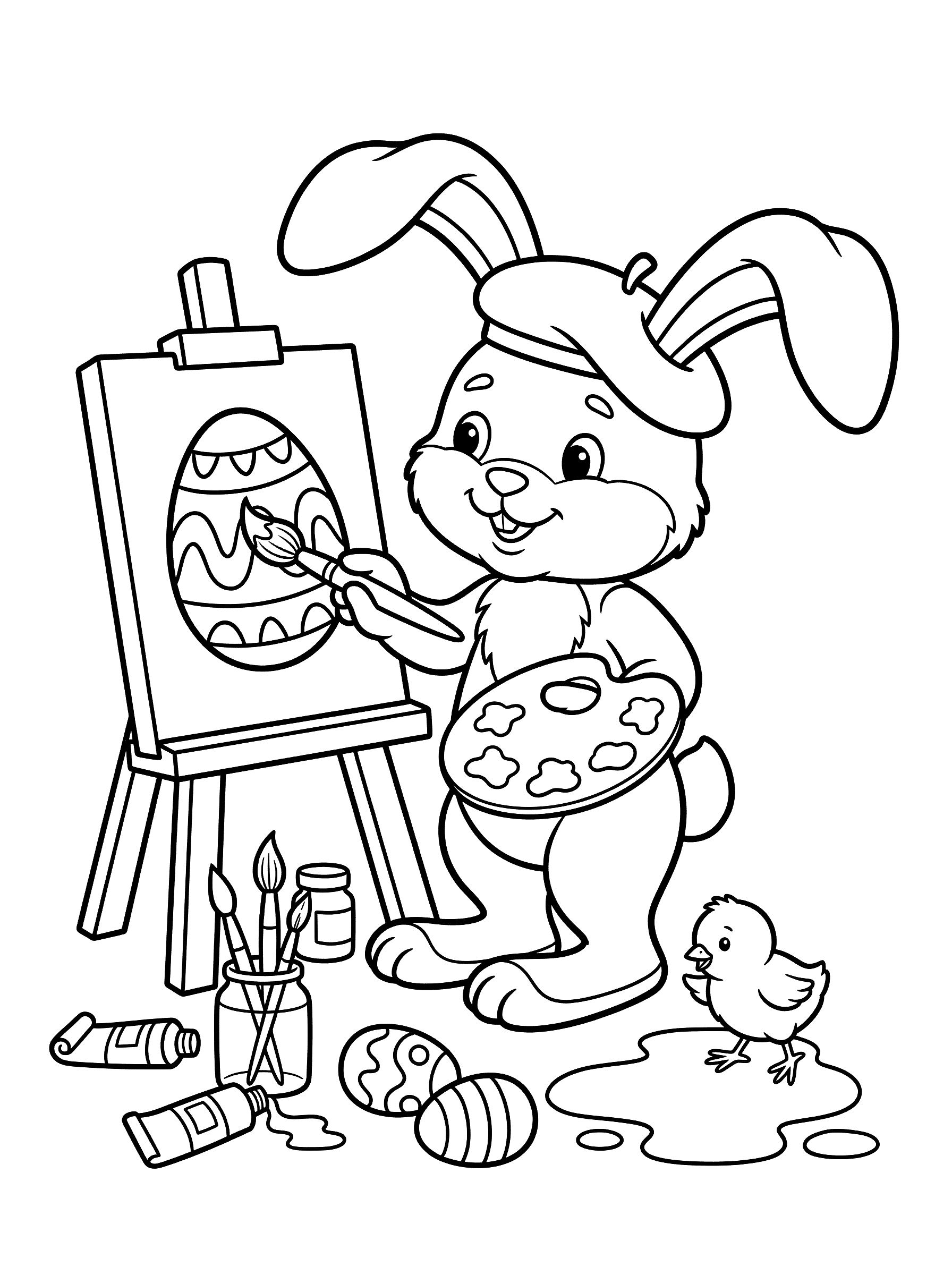 Bunny Artist Painting Easter Egg Coloring Page