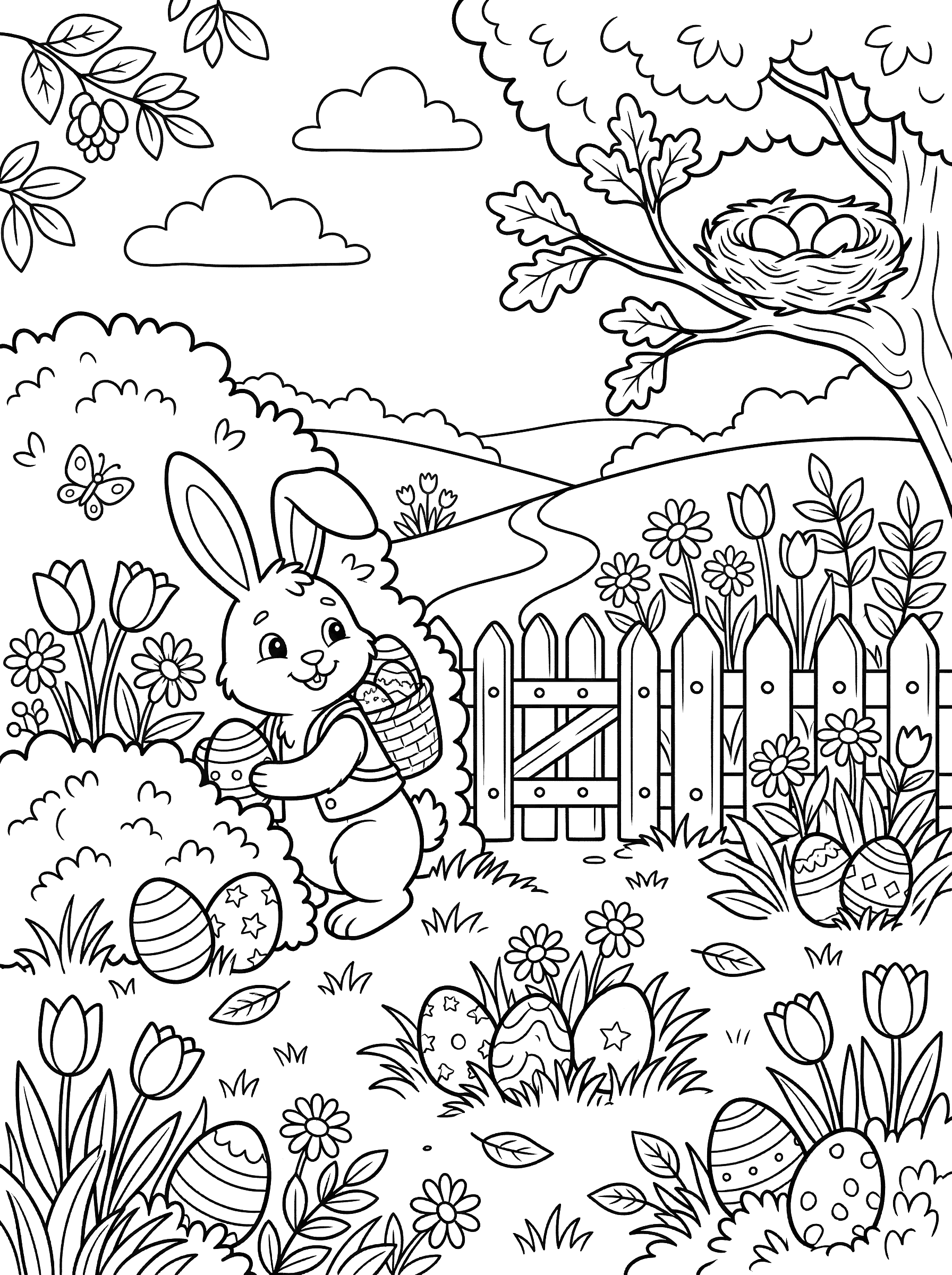 Bunny Collecting Easter Eggs in Garden Coloring Page