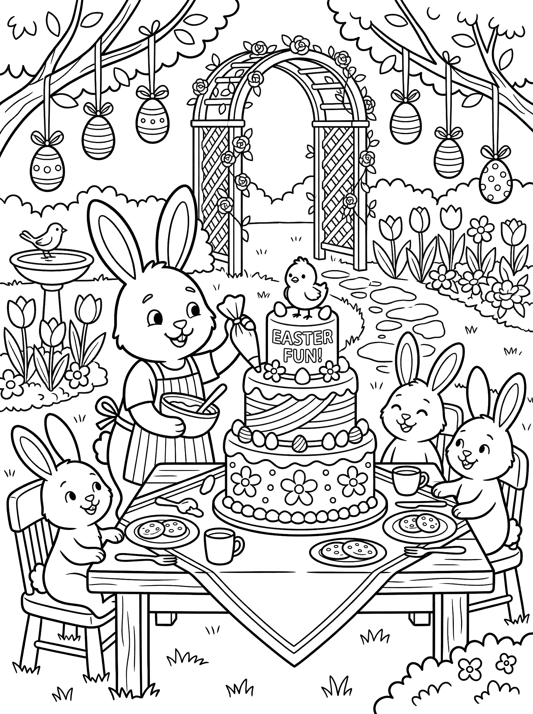 Bunny Decorating Three Tier Easter Cake Coloring Page