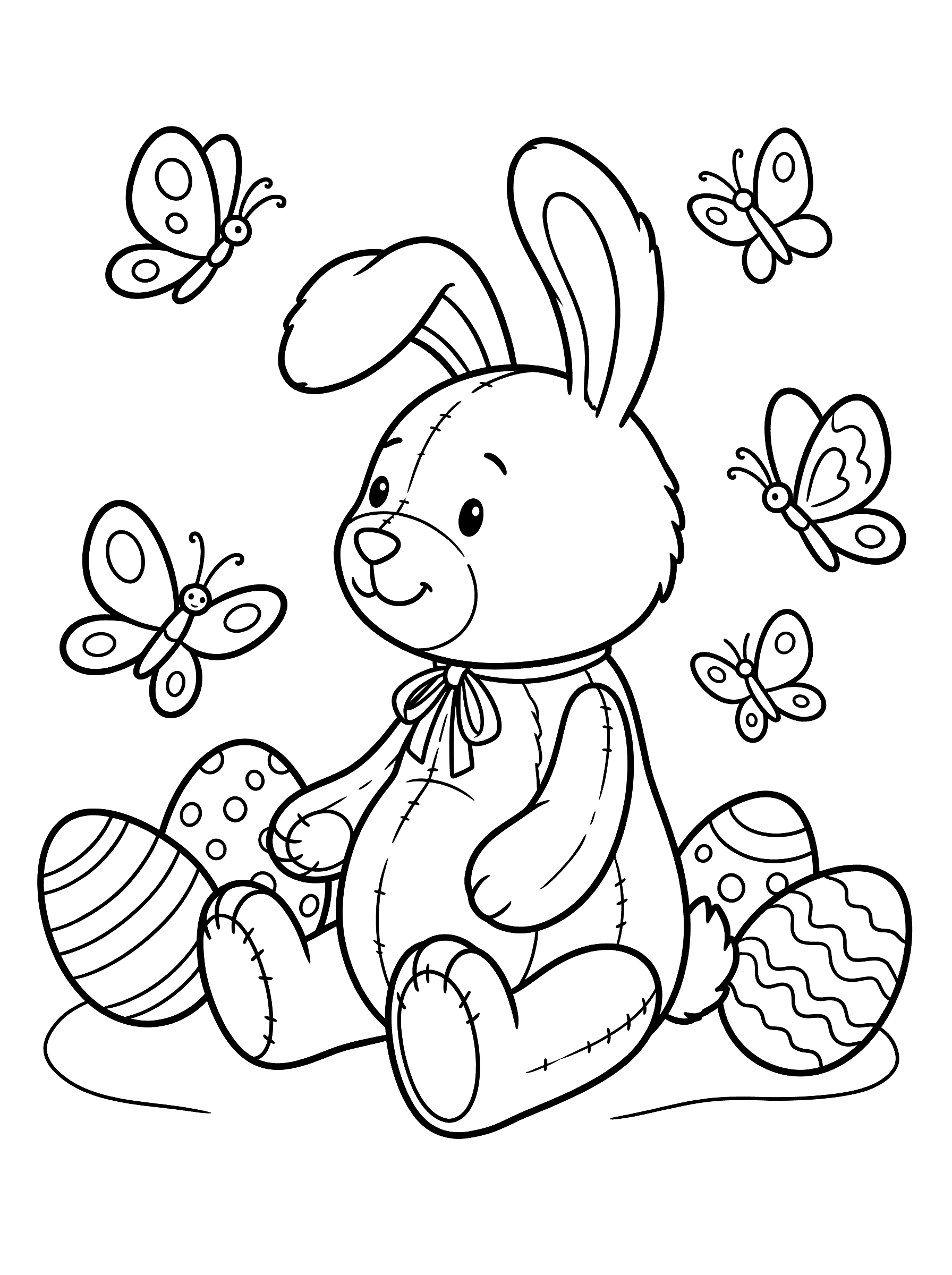 Bunny Doll With Butterflies and Eggs Coloring Page
