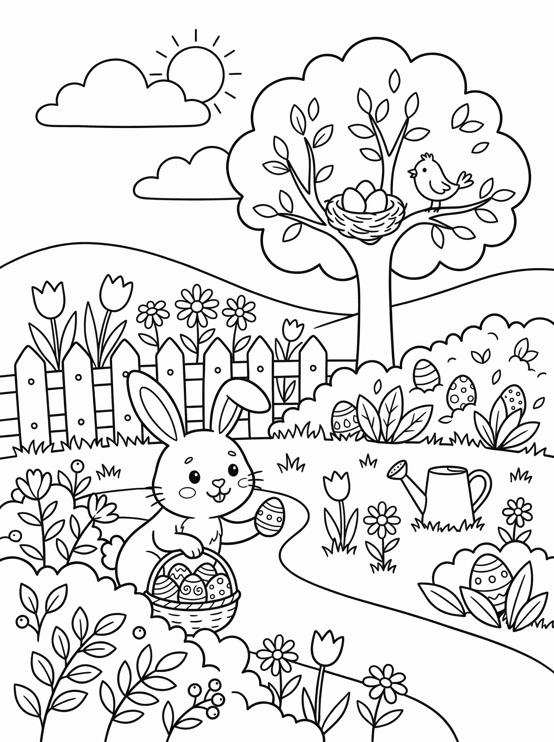 Bunny Easter Egg Hunt in Sunny Garden Coloring Page