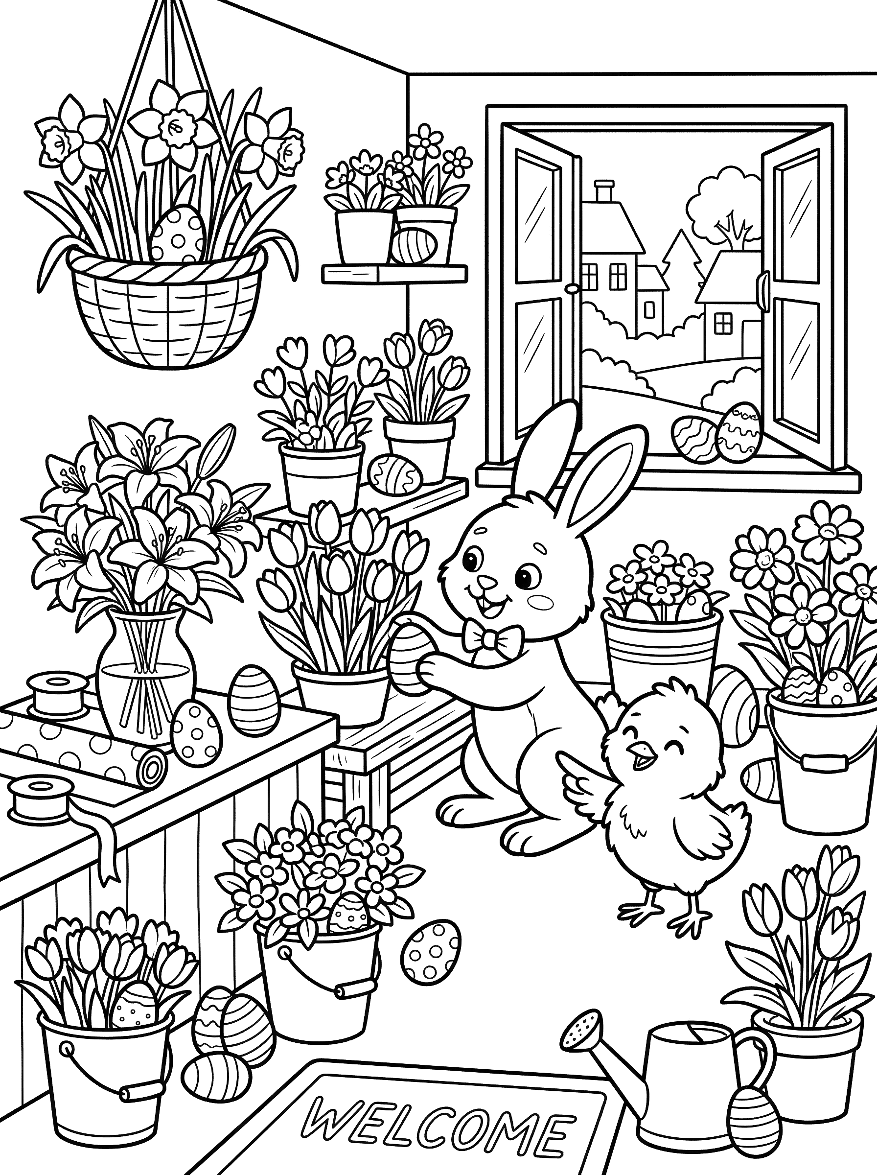Bunny Hiding Eggs in Flower Shop Coloring Page