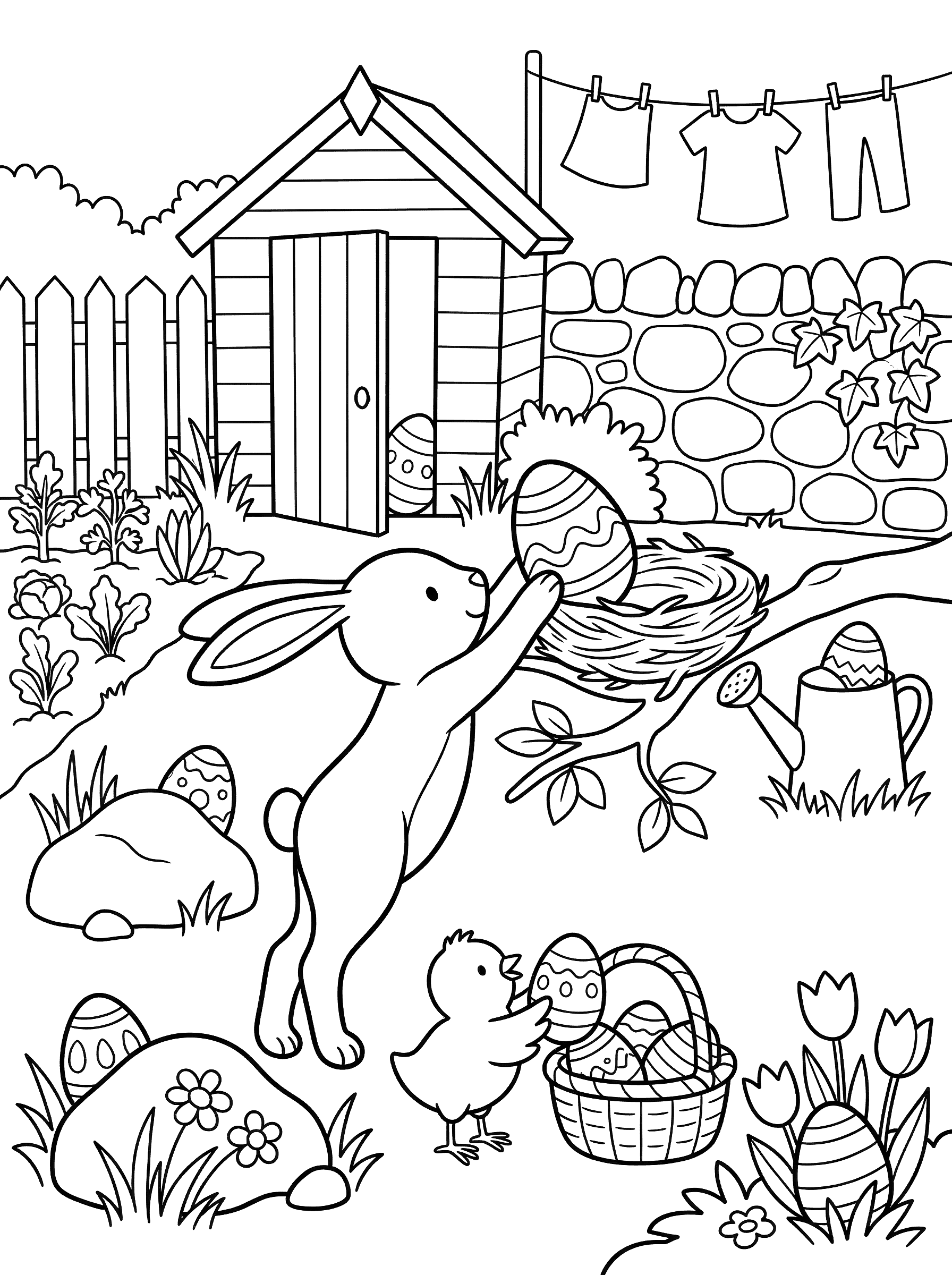 Bunny Hiding Eggs in Backyard Coloring Page