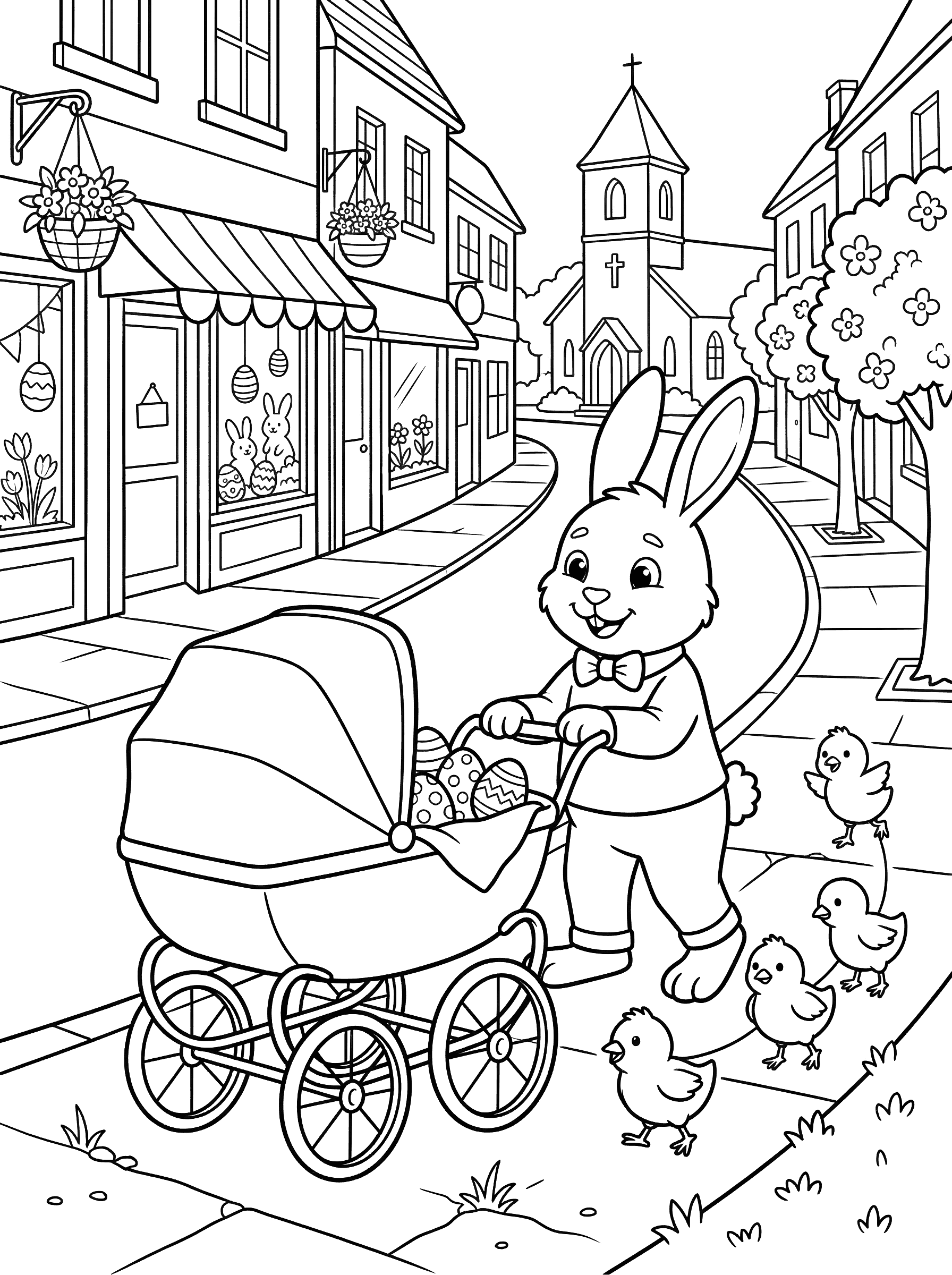 Bunny Pushing Baby Carriage of Easter Eggs Coloring Page